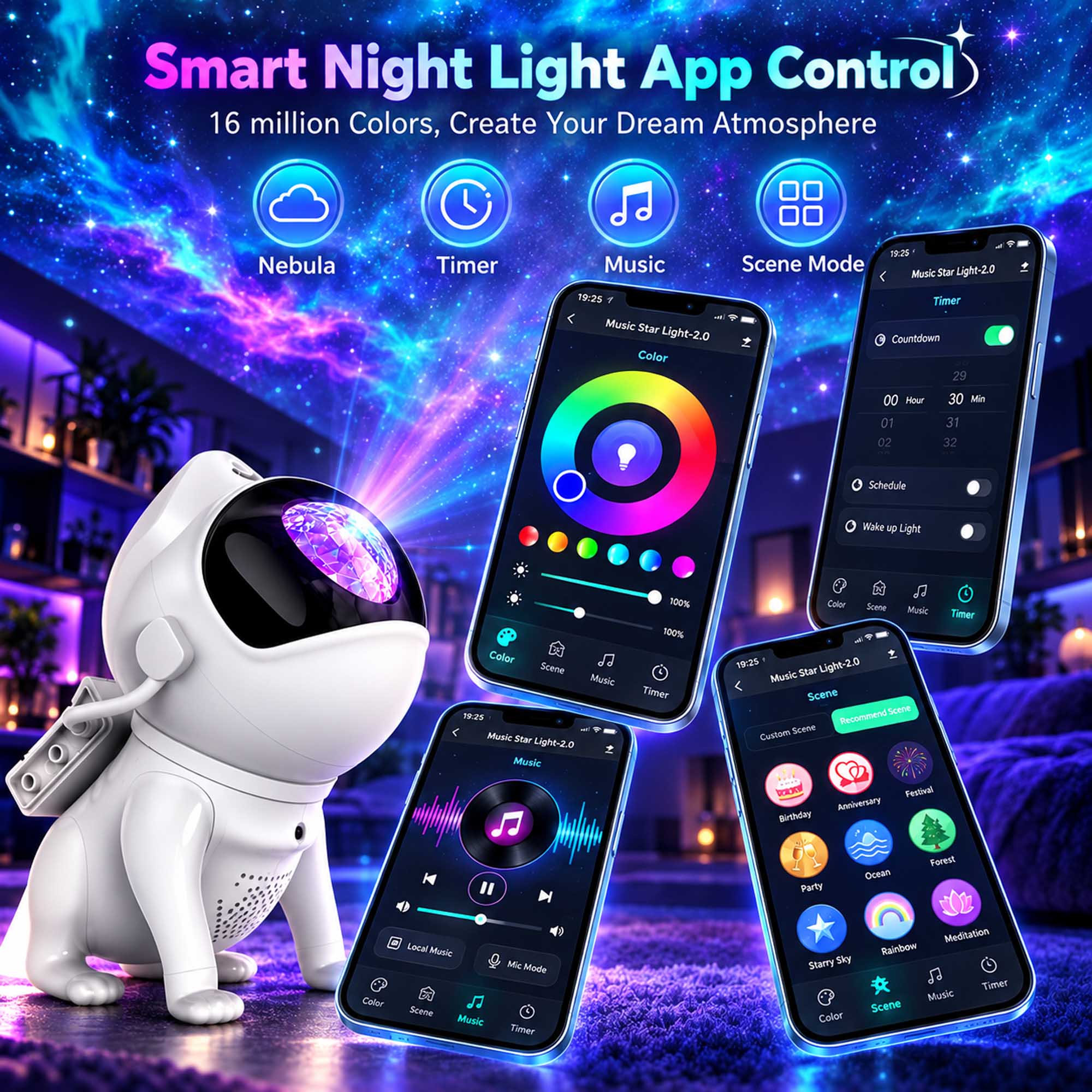 Smart Night Light App Control  
16 million Colors, Create Your Dream Atmosphere

Nebula  
Timer  
Music  
Scene Mode

19:25 Music Star Light-2.0  
Color  
29  
00 Hour 01 02  
30 Min 31 32  
Schedule  
Wake up Light  
Color Scene Music  
19:25 Music Star Light-2.0  
100% 100% Timer  
Color Scene Music Timer  
19:25 Light-2.0 Music Star Scene  
Recommend Scene Custom Scene  
Festival Anniversary Birthday  
Party  
Ocean  
Forest  
Color  
Local Music Scene Music  
Mic Mode Timer  
Meditation Rainbow Starry Sky Timer Music Scene Color