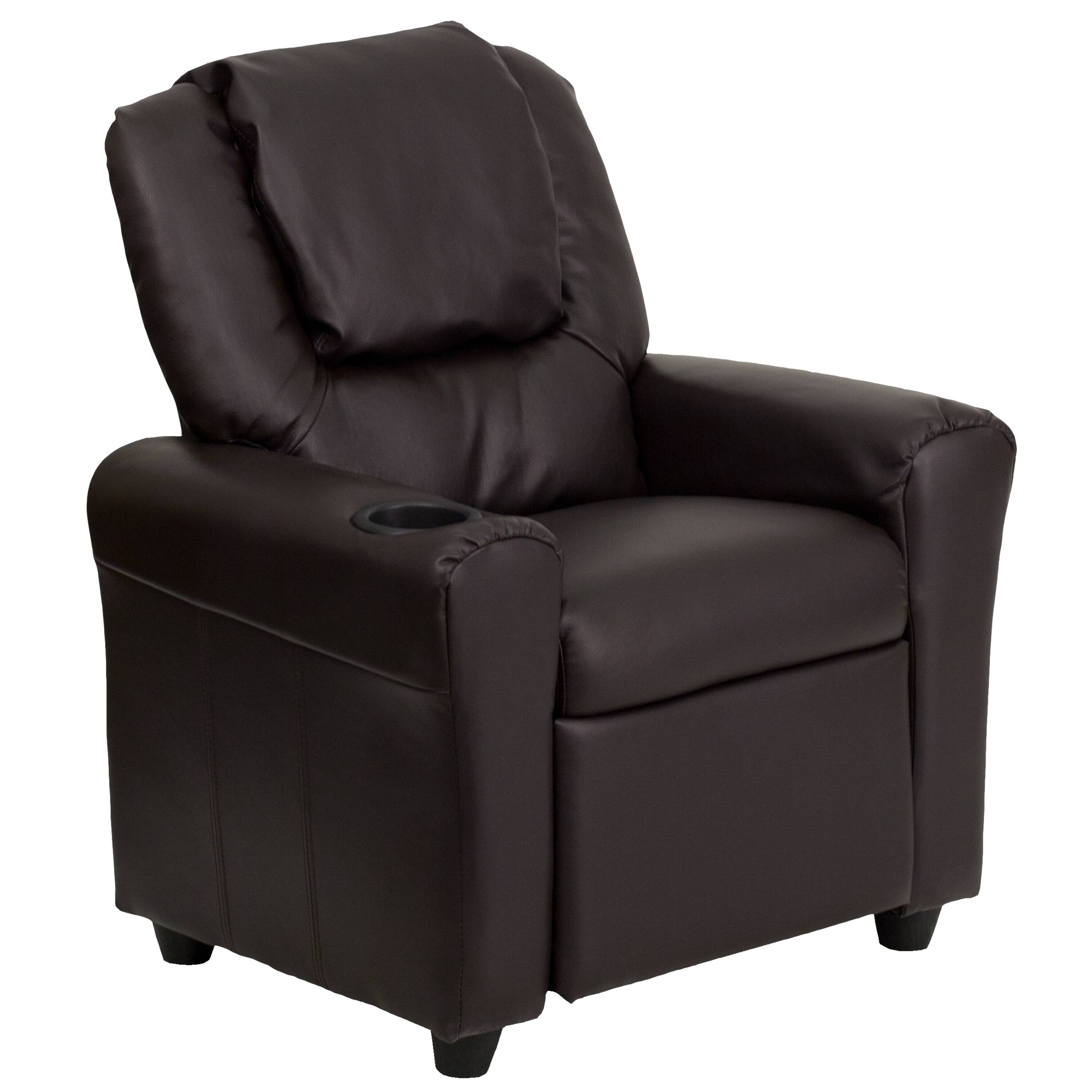 Front. Emma + Oliver - Contemporary Kids Recliner with Cup Holder and Headrest - Brown LeatherSoft.