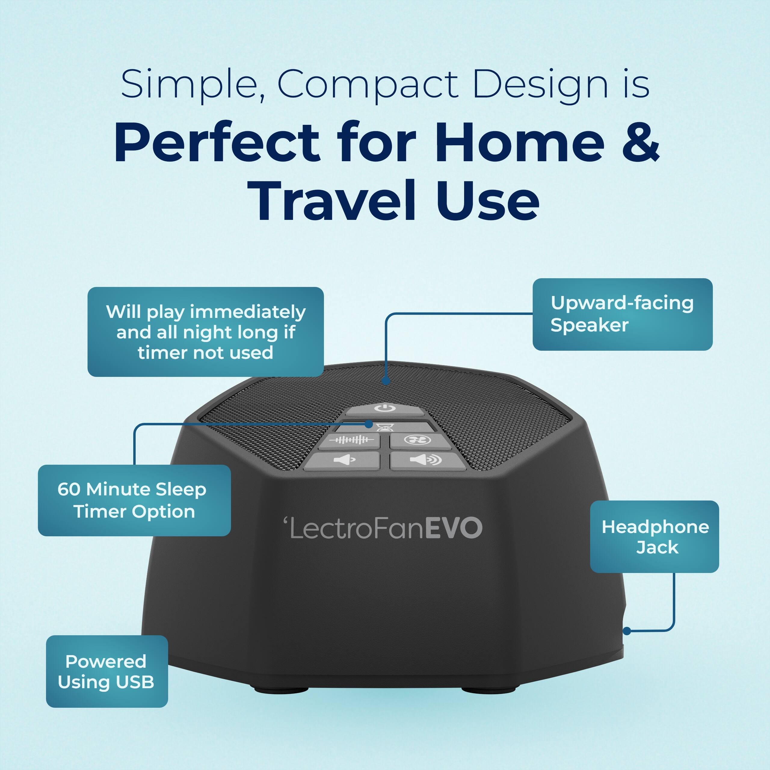 Simple, Compact Design is Perfect for Home & Travel Use

- Will play immediately and all night long if timer not used
- Upward-facing Speaker
- 60 Minute Sleep Timer Option
- Headphone Jack
- Powered Using USB