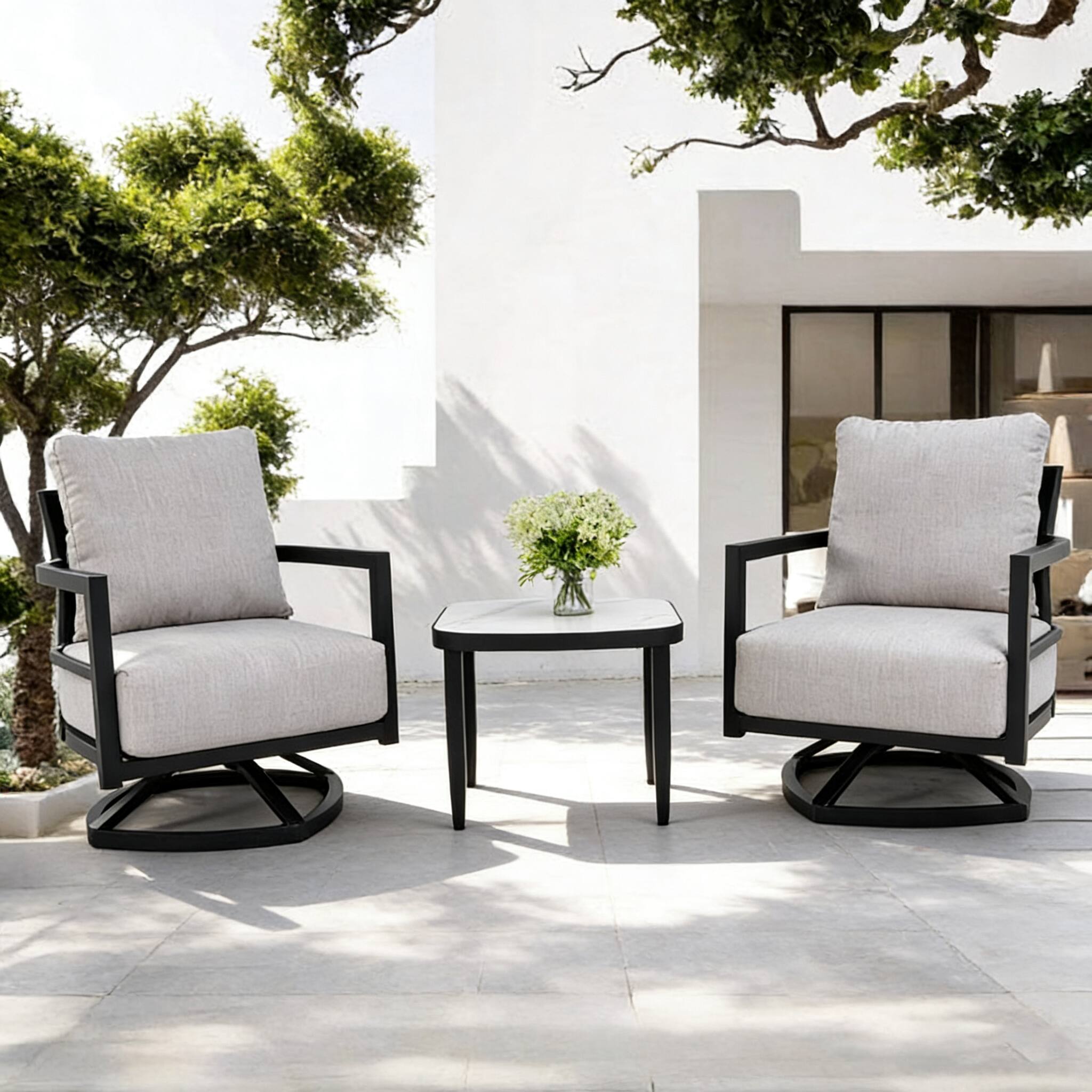 Angle. Mondawe - 3-Piece Aluminum Patio Set with Fully Weld Swivel Lounge Chair, Side Table and Sunbrella Cushions - Ember Black+Grey.