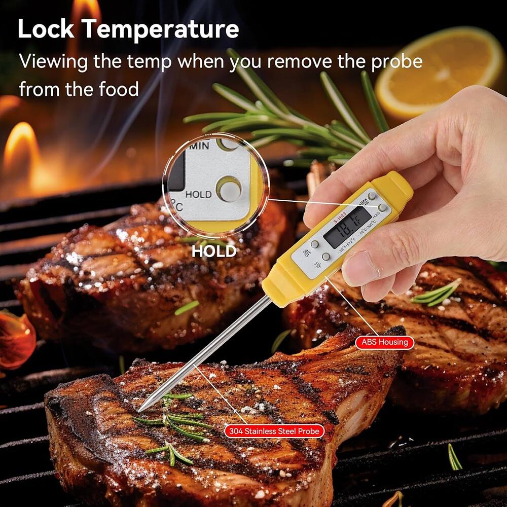 Lock Temperature  
Viewing the temp when you remove the probe from the food  

MIN  
HOLD  
°C  

ABS Housing  
304 Stainless Steel Probe