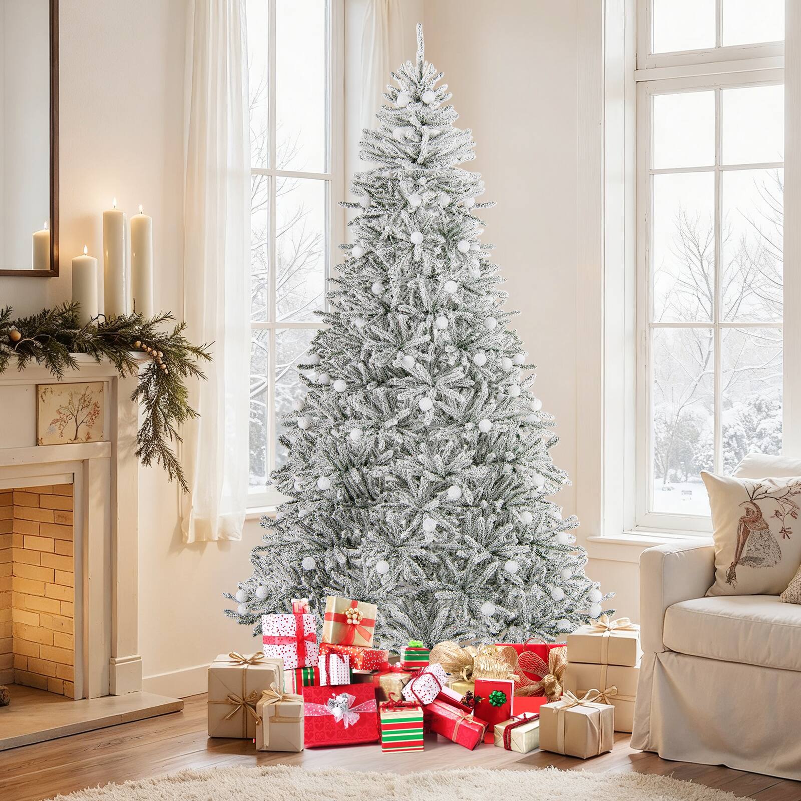Alt View 3. Costway - Costway 8 FT Snow-flocked Artificial Christmas Tree with 81 Sphere Lights 450 LED Lights - Green & White.