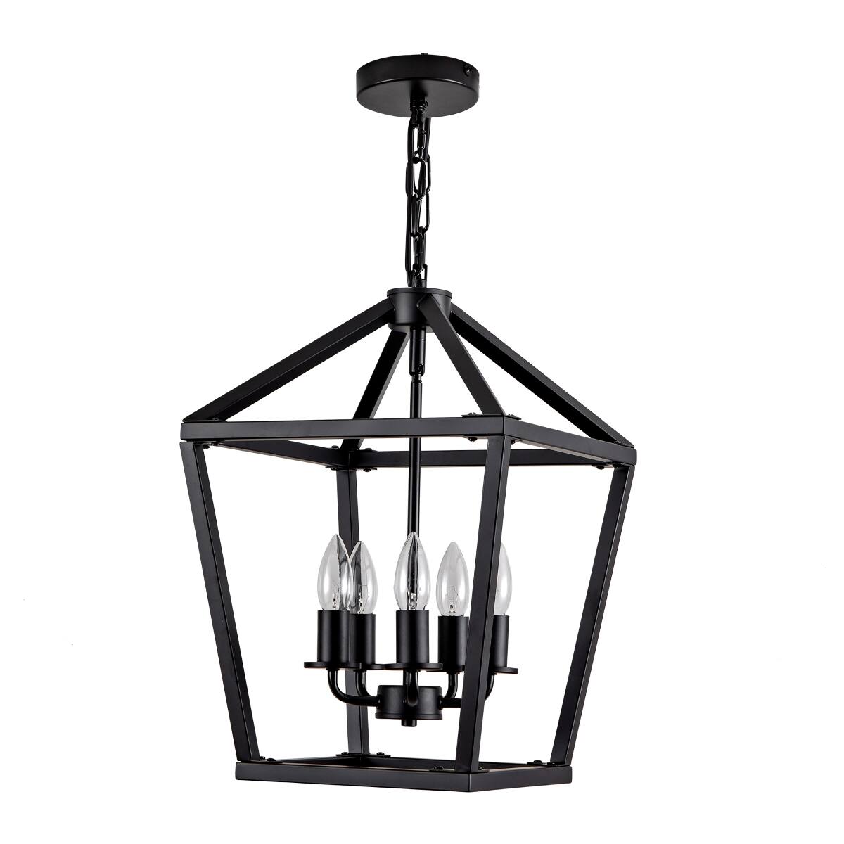 Alt View 4. Loheer - Loheer 5 Light Farmhouse Lantern Chandelier, Matte Black Open Cage for Dining Room.