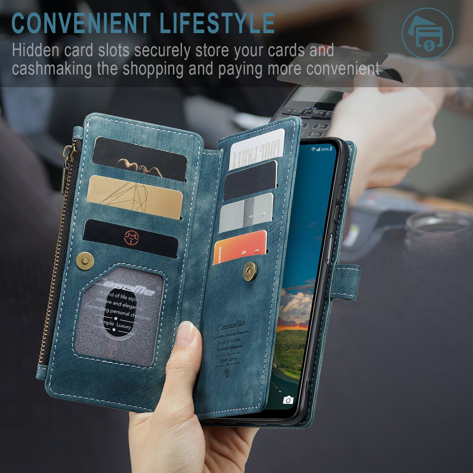 CONVENIENT LIFESTYLE  
Hidden card slots securely store your cards and cash, making the shopping and paying more convenient.  

COORT PAR OM 3A 5 A 300% I aselle d of Me e styl and elegan 9 personal d . mple Luxury TAA Caselle  Maute bewdhs I D fod ed depees 4 Sege S 1 5