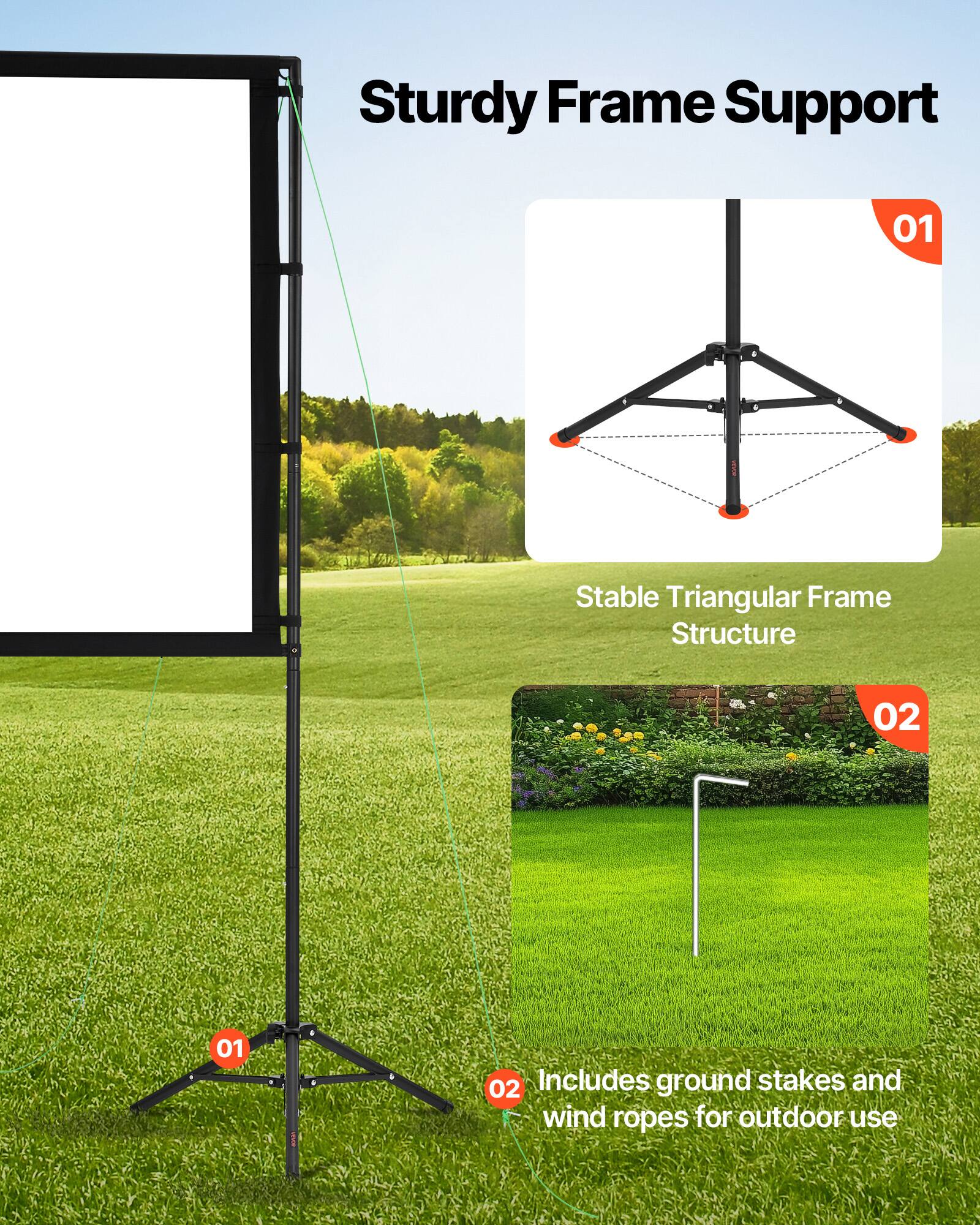 Sturdy Frame Support

01. Stable Triangular Frame Structure

02. Includes ground stakes and wind ropes for outdoor use