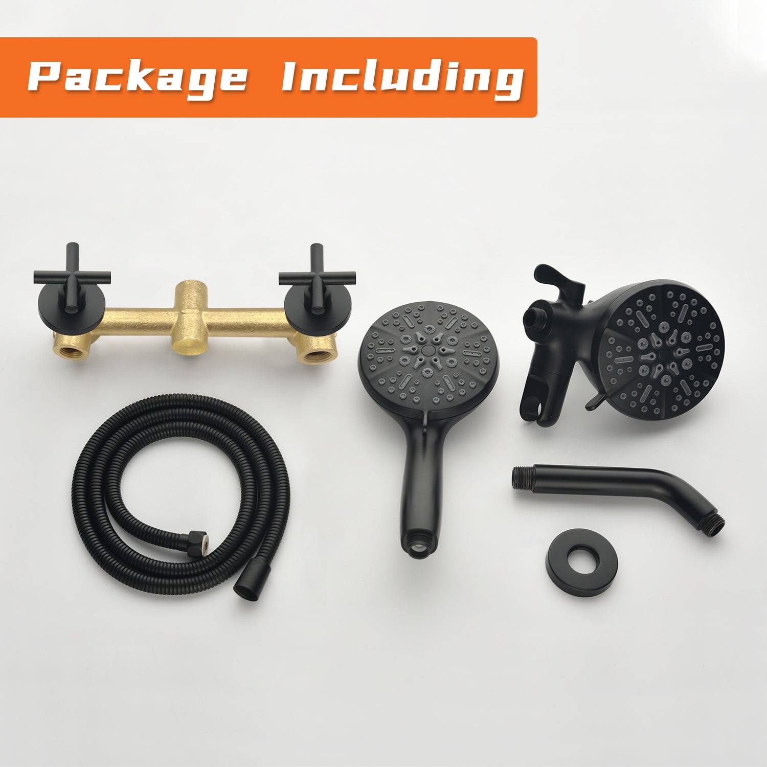 Package Including

- Brass valve with black handles
- Black flexible hose with connectors
- Black shower head with multiple spray settings
- Black shower head holder
- Black elbow fitting
- Black washer