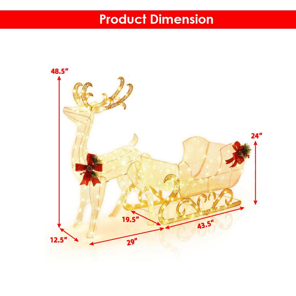 Product Dimension

- Height: 48.5"
- Width: 43.5"
- Depth: 29"
- Width of sleigh: 24"
- Height of sleigh: 24"
- Width of reindeer: 19.5"
- Depth of reindeer: 12.5"