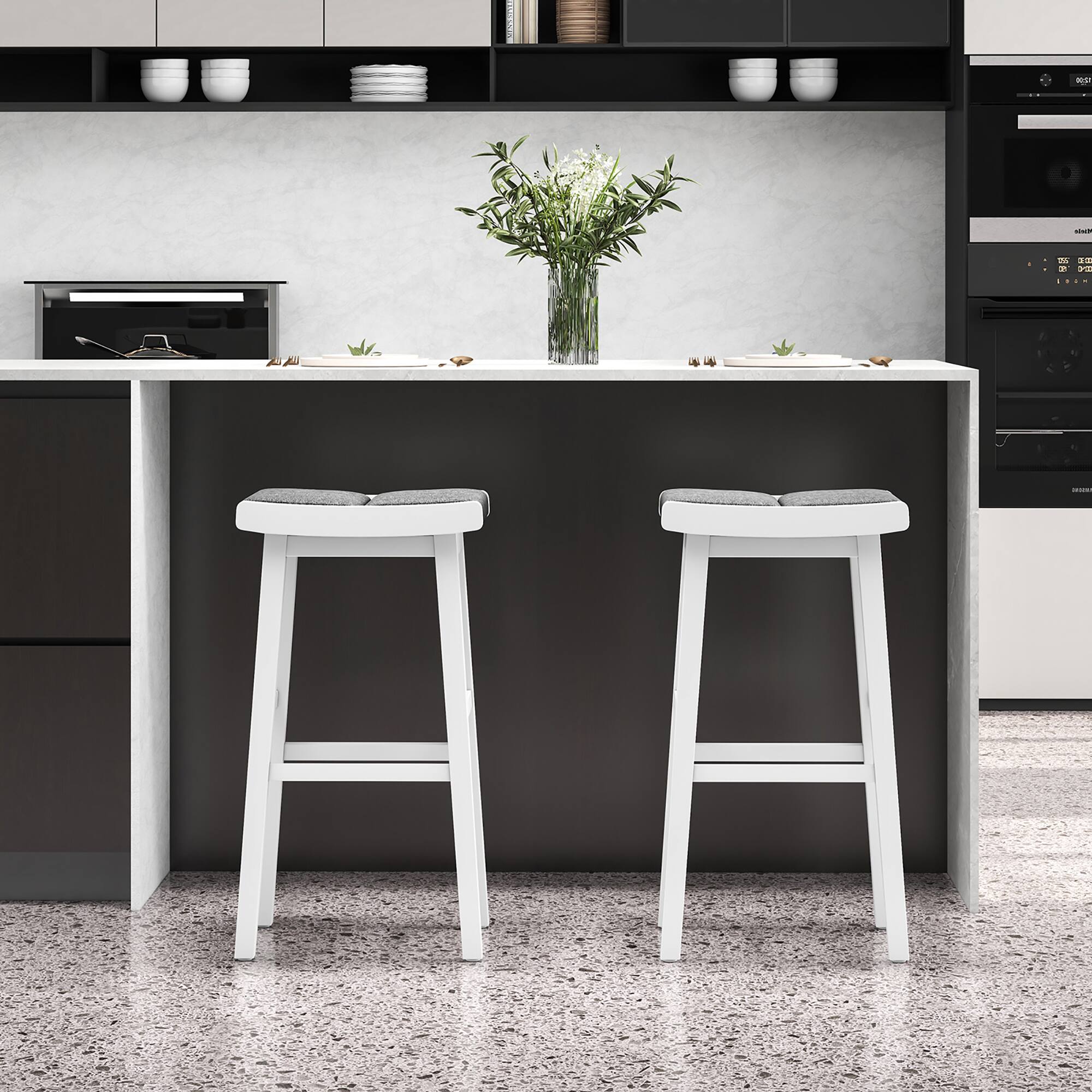 Alt View 3. Costway - Set of 2 Saddle Bar Stools Bar Height Backless Kitchen Island Pub Chairs - White/Gray.
