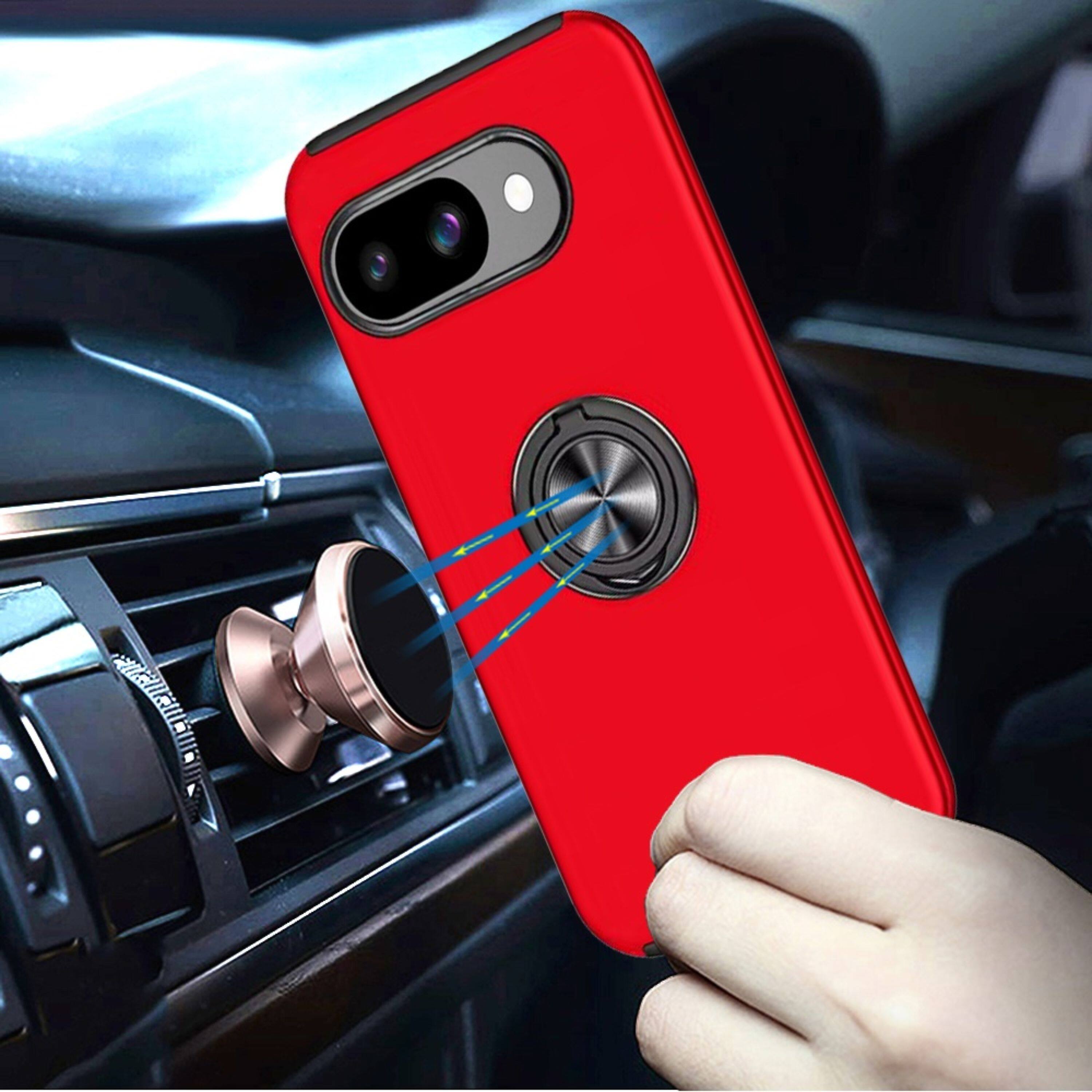 Angle. Kitcheniva - Rubber Dual Layer Phone Case Magnetic Ring Stand With Tempered Glass For Google Pixel 10a Red - Red.