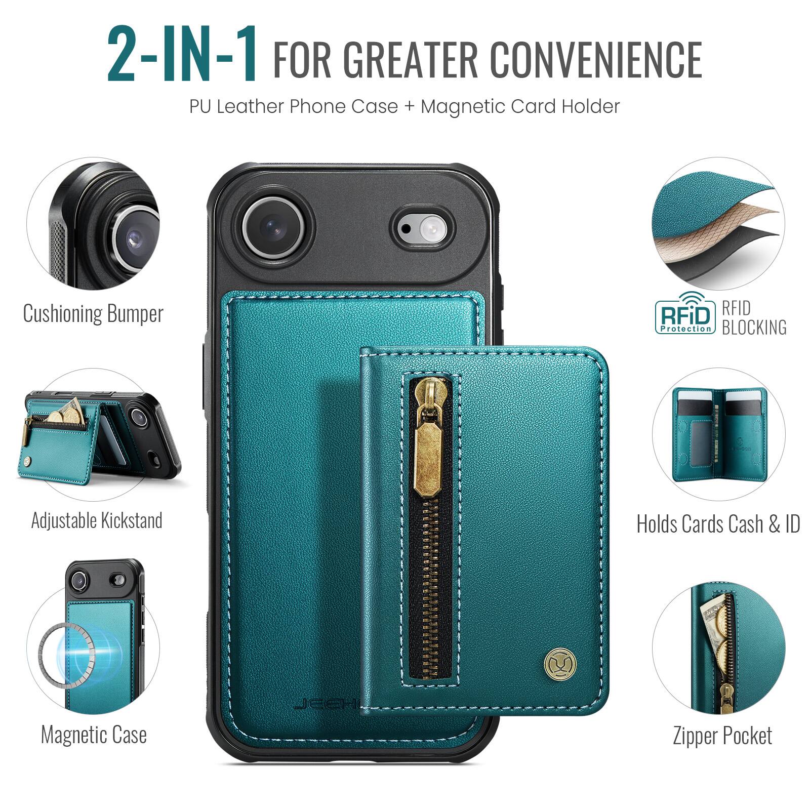 2-IN-1 FOR GREATER CONVENIENCE  
PU Leather Phone Case + Magnetic Card Holder  

- Cushioning Bumper  
- Adjustable Kickstand  
- Magnetic Case  
- RFID Protection BLOCKING  
- Holds Cards Cash & ID  
- Zipper Pocket