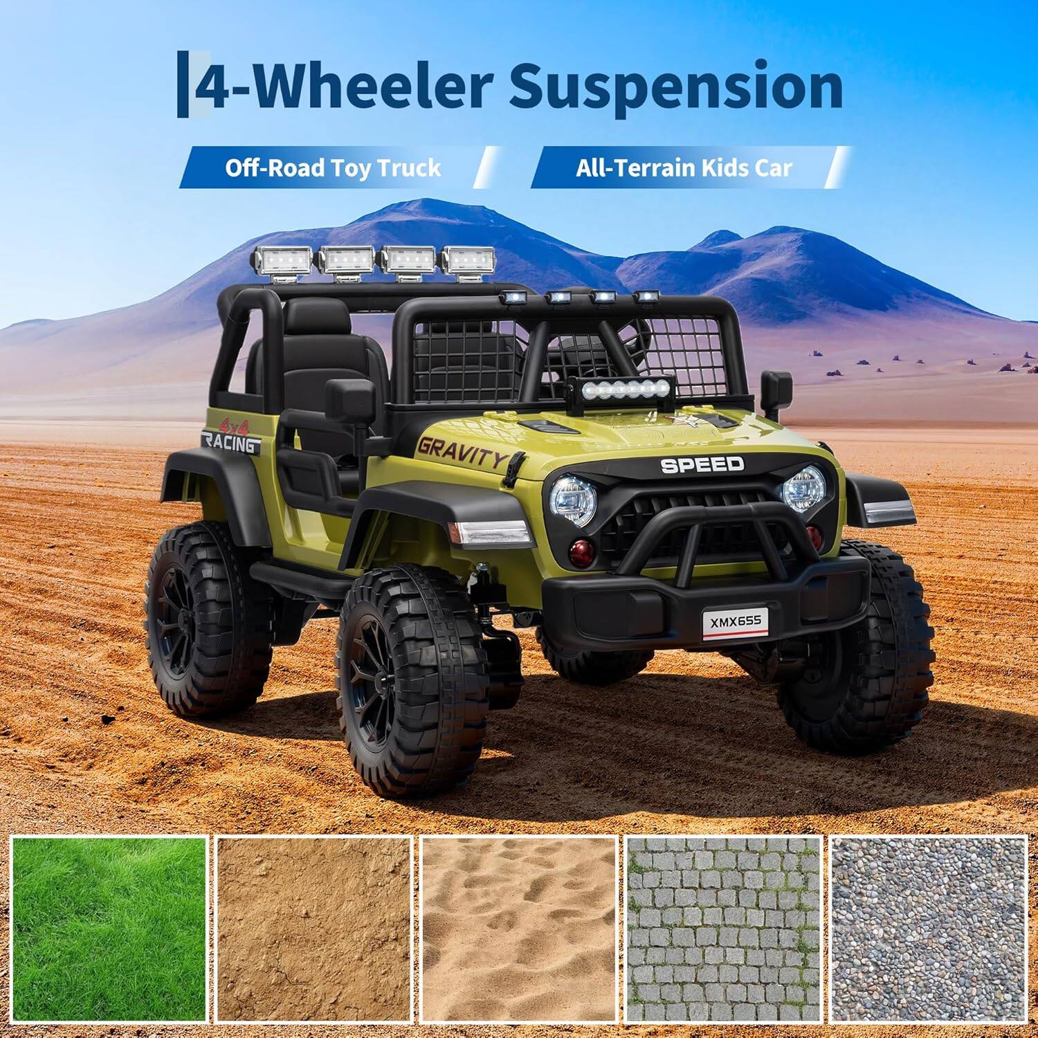 4-Wheeler Suspension  
Off-Road Toy Truck  
All-Terrain Kids Car  

GRAVITY  
SPEED  
XMX655