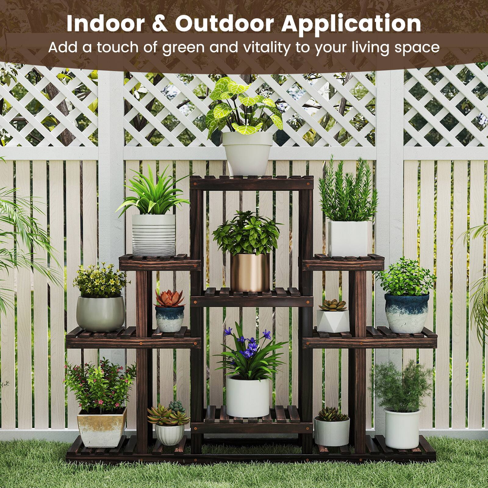 Alt View 5. Gymax - Gymax Indoor Outdoor Wood Plant St& High Low Ladder Flower Rack for Garden Balcony - Brown.