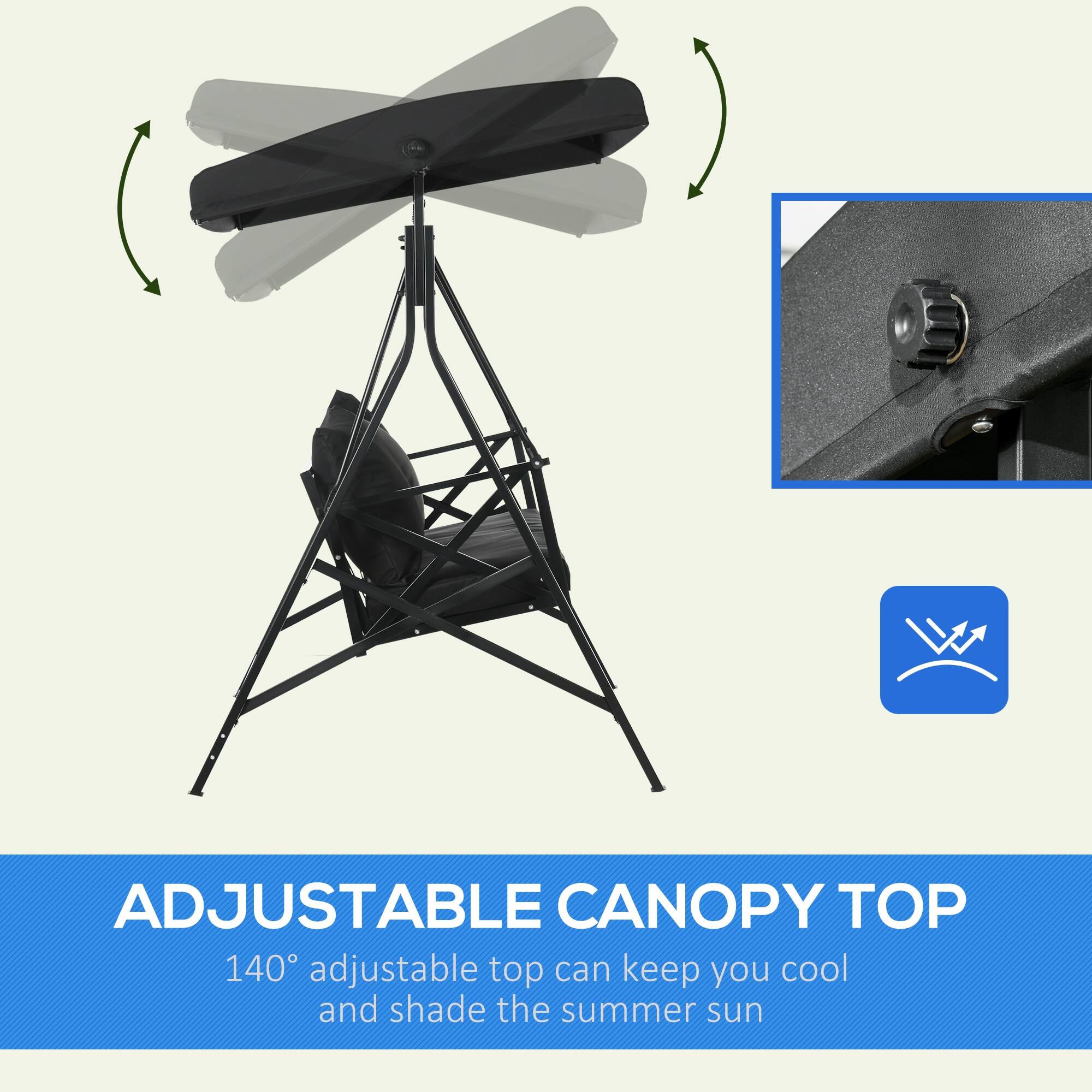 ADJUSTABLE CANOPY TOP 140° adjustable top can keep you cool and shade the summer sun