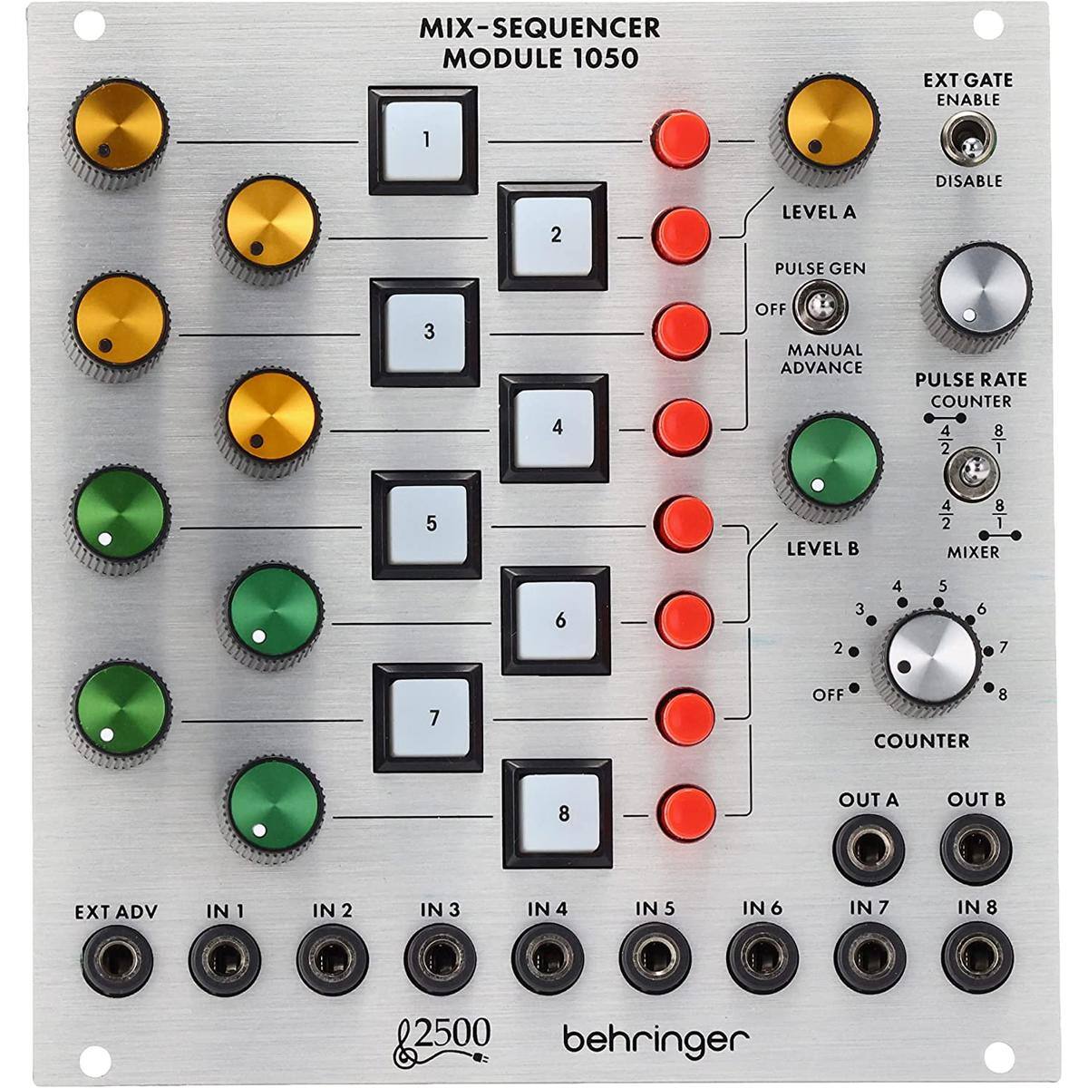 MIX-SEQUENCER MODULE 1050  
EXT GATE ENABLE 1 DISABLE 2  
LEVEL A PULSE GEN 3 4 OFF MANUAL ADVANCE PULSE RATE COUNTER 4 8 2 1  
LEVEL 4 8 2 1  
MIXER 6 2 3 4 5 6 7  
7 OFF 8 COUNTER 8  
OUT A OUT B  
EXT ADV IN 1 IN 2 IN 3 IN 4 IN 5 IN 6 IN 7 IN 8  
22500 behringer