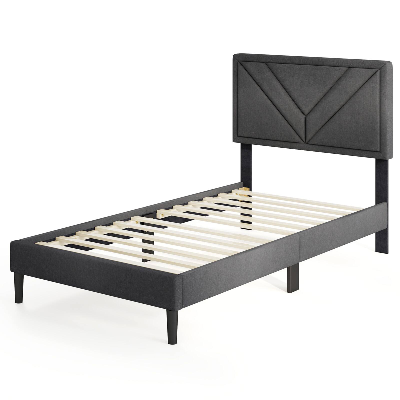 Alt View 8. Gymax - Gymax Twin Size Bed Frame w/ Tufted Headboard & Wooden Slats Easy Assembly - Gray.
