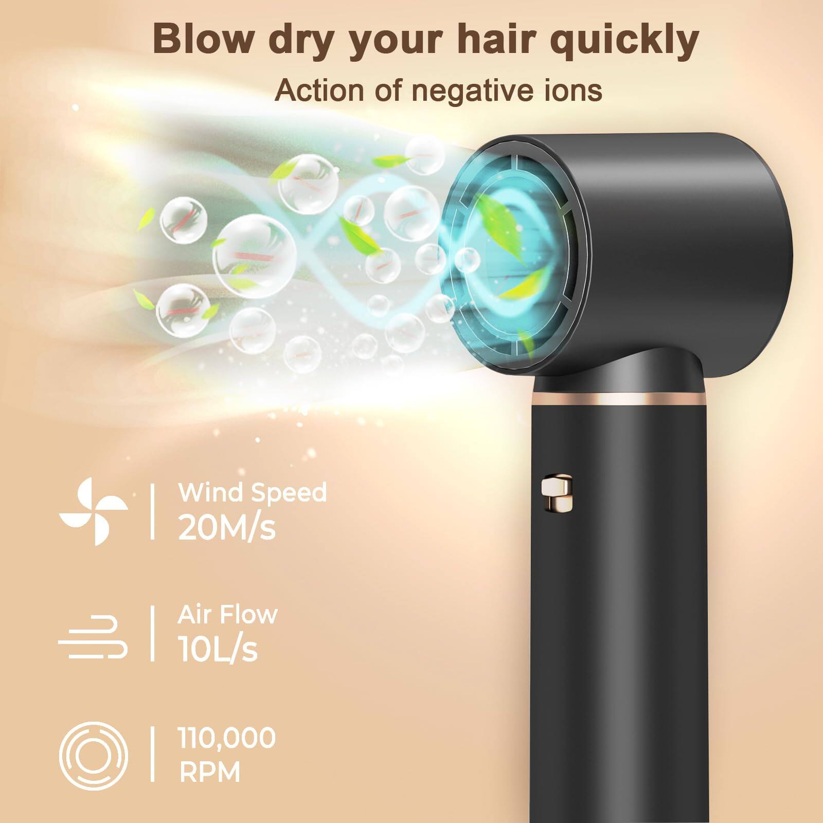Blow dry your hair quickly  
Action of negative ions  

Wind Speed 20M/s  
Air Flow 10L/s  
110,000 RPM