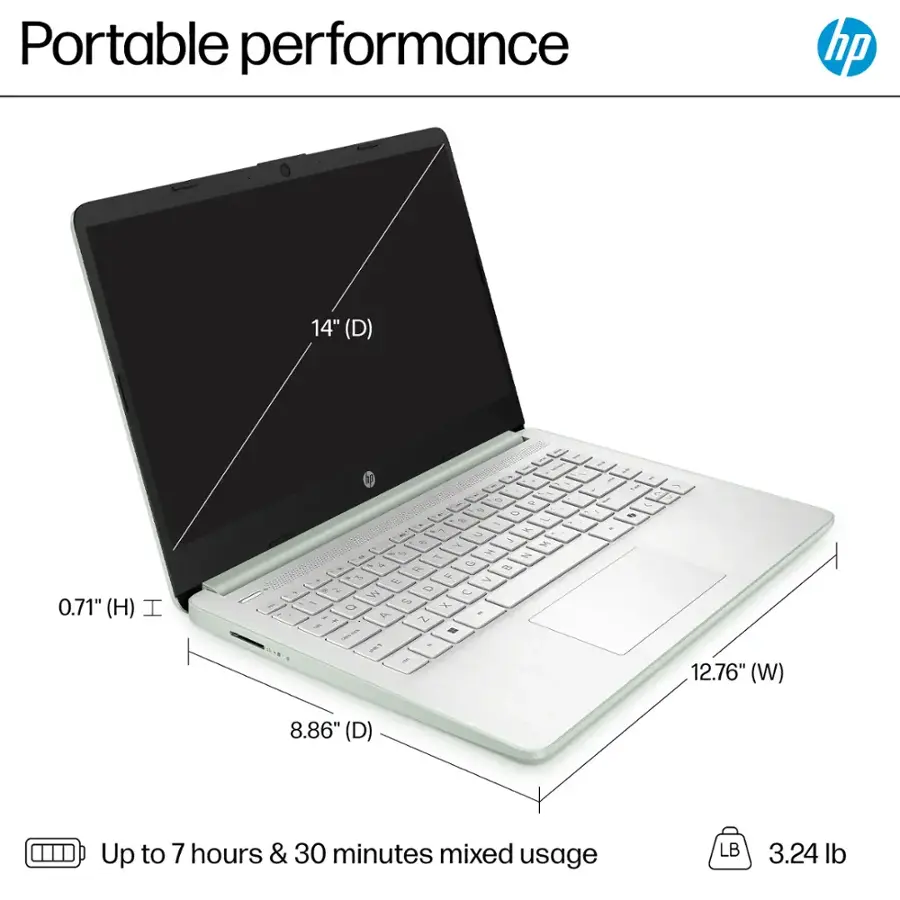 Portable performance HP 14" (D) 0.71" (H) - a - - 0 - - 1 L x - a W Y o P H = 1  R  a 1 u 7 E N  D C - O o V . A . . 2 - -. . F - / / 7 . ! J - 2 F 12.76" (W) 8.86" (D) Up to 7 hours & 30 minutes mixed usage LB 3.24 lb