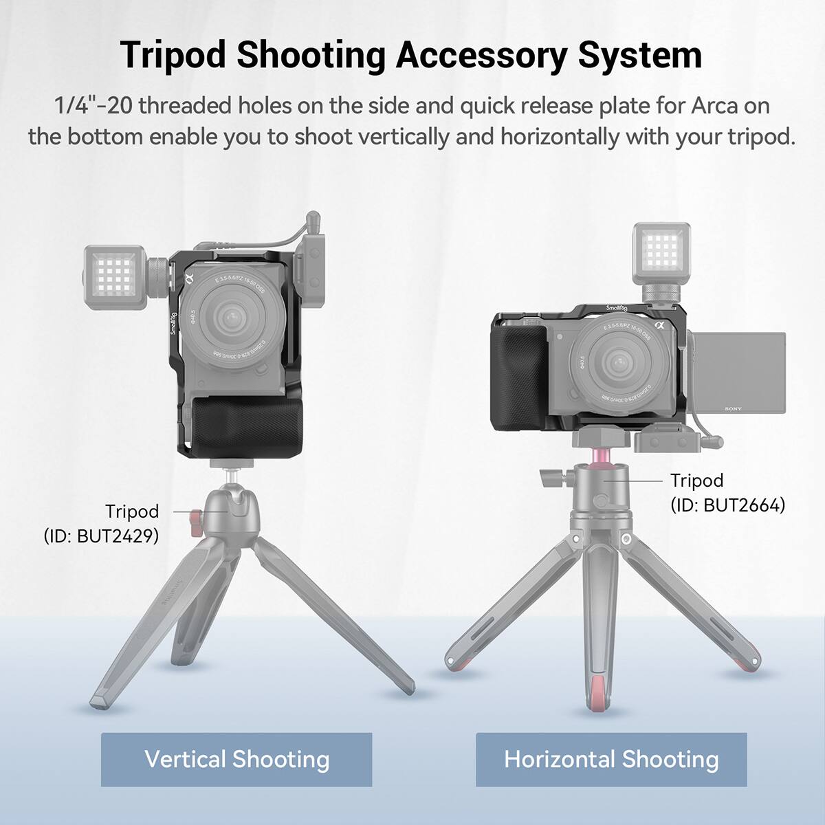 Tripod Shooting Accessory System

1/4"-20 threaded holes on the side and quick release plate for Arca on the bottom enable you to shoot vertically and horizontally with your tripod.

Jaset - POTORMEE Tripod (ID: BUT2429)  
Tripod (ID: BUT2664)

Vertical Shooting  
Horizontal Shooting