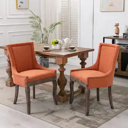 Trinkets Crazed - Upholstered Side Chairs Set of 2, Solid Wood Kitchen Dining Room Chairs with Nailheads Legs - Orange