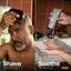 The image contains two separate sections, each with a man shaving his head. The first section shows a man using a shaver, while the second section shows a man using a soother. The image is promoting a shaving and soothing product, with the soother being priced at $14.99 and included with the purchase.