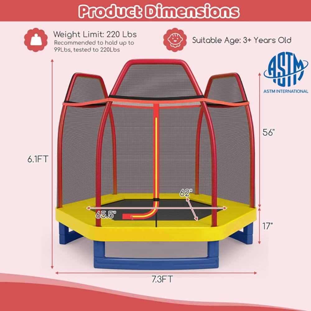 Product Dimensions  
Weight Limit: 220 Lbs  
Recommended to hold up to 99 Lbs, tested to 220 Lbs  
Suitable Age: 3+ Years Old  
ASTM INTERNATIONAL  

56"  
6.1FT  
62"  
65.5"  
17"  
7.3FT