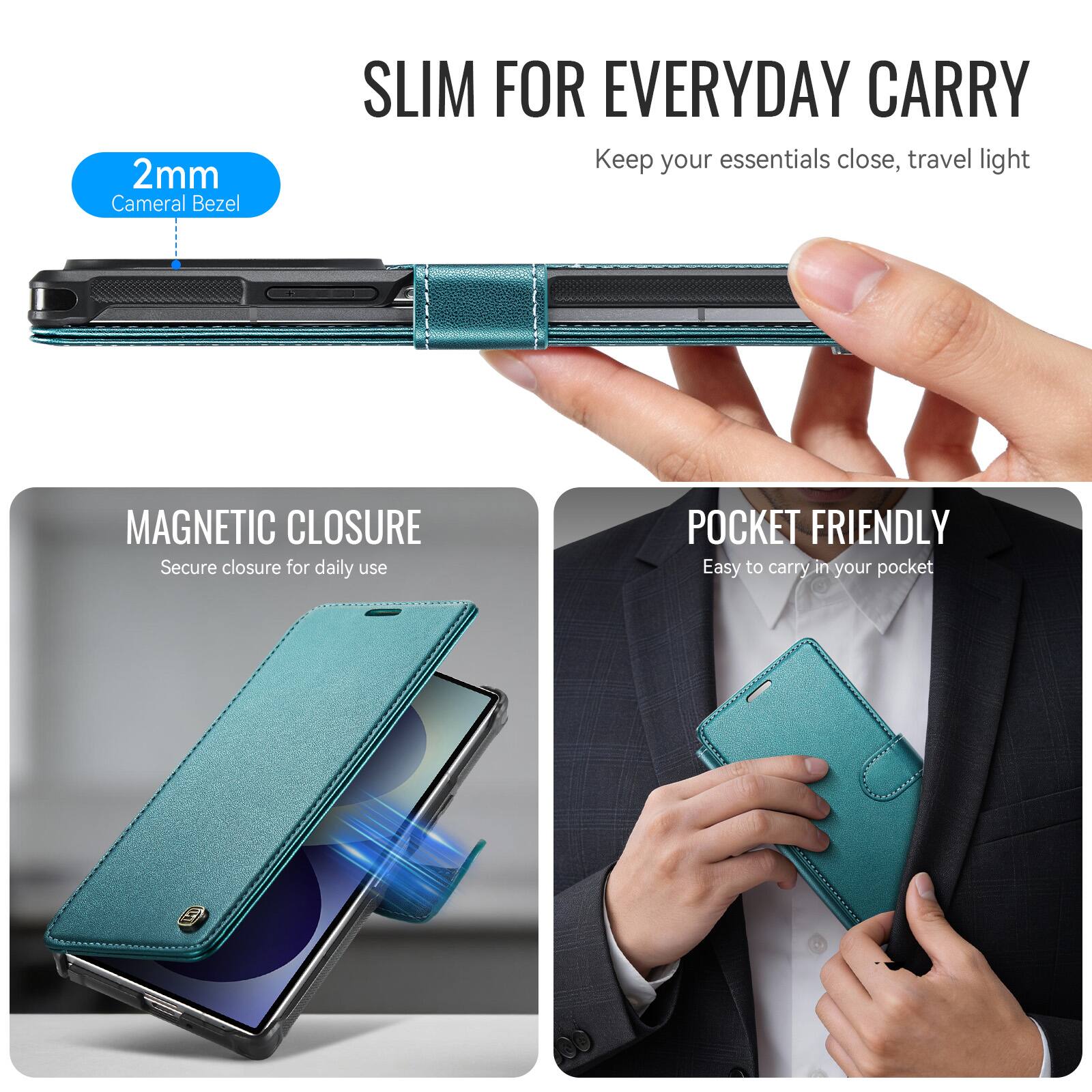 2mm Camera Bezel  
SLIM FOR EVERYDAY CARRY  
Keep your essentials close, travel light  
MAGNETIC CLOSURE  
Secure closure for daily use  
POCKET FRIENDLY  
Easy to carry in your pocket