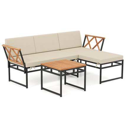 Front. Costway - Costway 3 PCS L-Shaped Patio Furniture Set with Loveseat Square Coffee Table Soft Back - Beige.