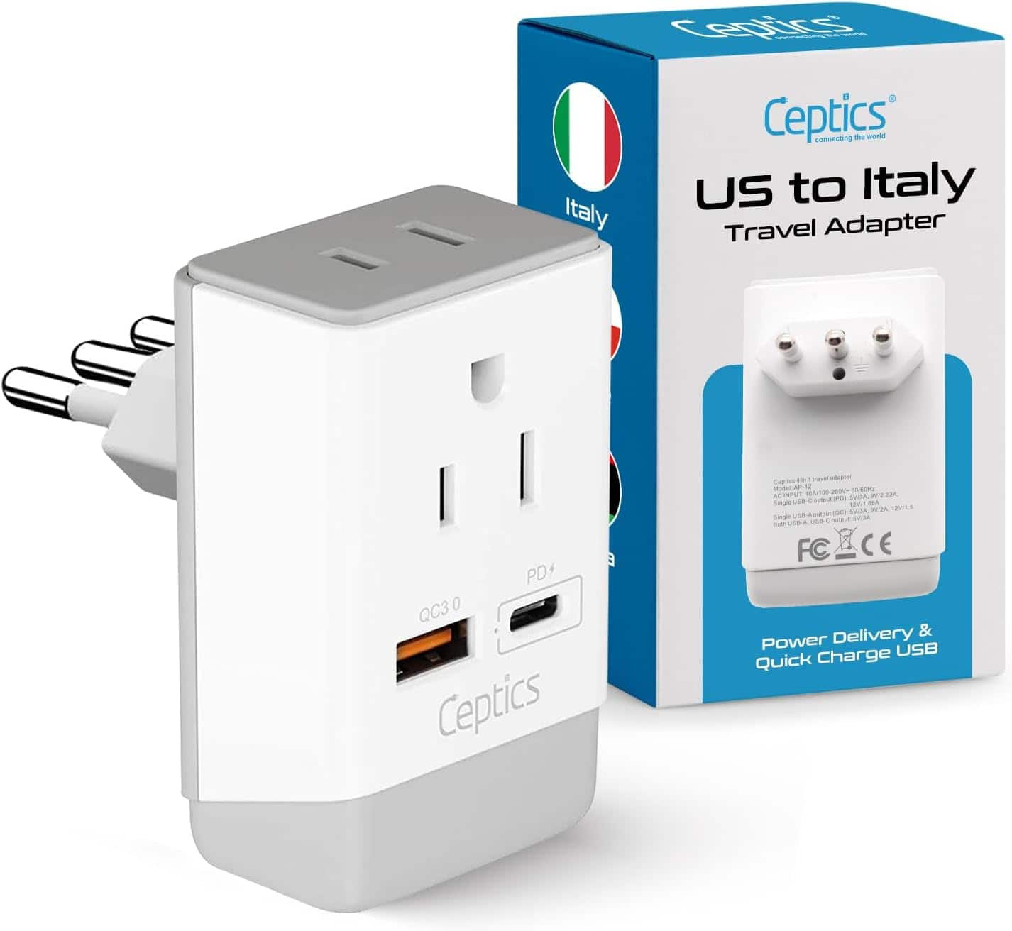 Ceptics - Italy Travel Adapter, QC 3.0 & PD, Safe Dual USB & USB-C - 2 USA Socket Compact & Powerful - White