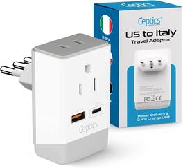Ceptics - Italy Travel Adapter, QC 3.0 & PD, Safe Dual USB & USB-C - 2 USA Socket Compact & Powerful - White
