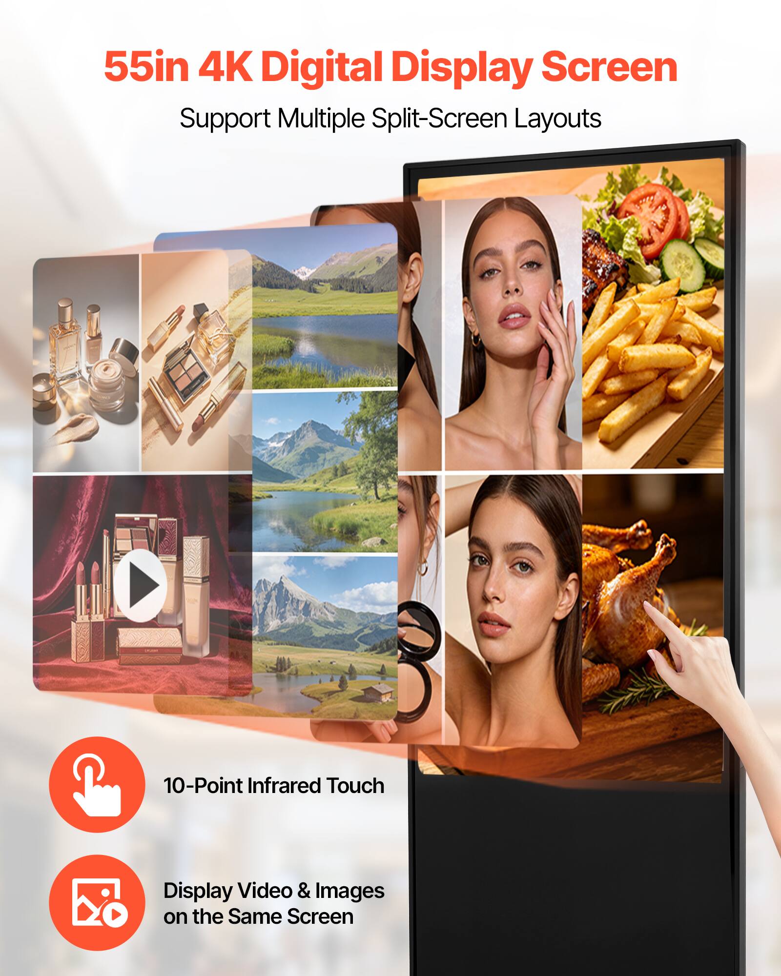 55in 4K Digital Display Screen  
Support Multiple Split-Screen Layouts  
10-Point Infrared Touch  
Display Video & Images on the Same Screen