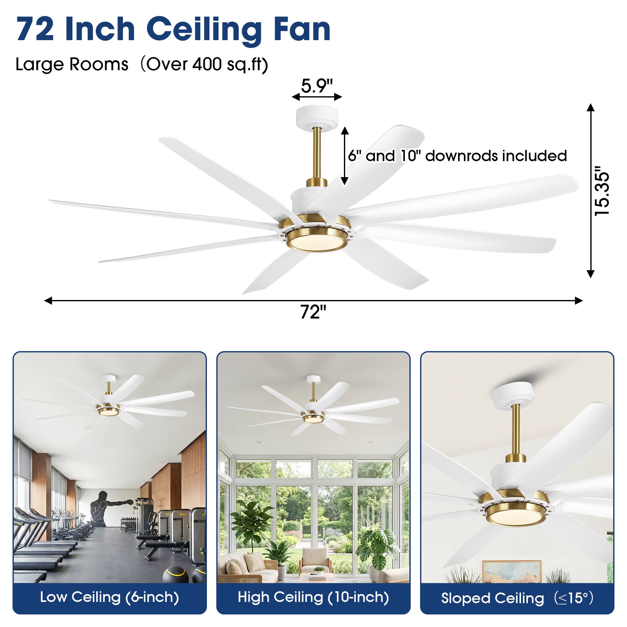 72 Inch Ceiling Fan  
Large Rooms (Over 400 sq.ft)  
5.9" 6" and 10" downrods included  
15.35"  
72"  
Low Ceiling (6-inch)  
High Ceiling (10-inch)  
Sloped Ceiling (<15")