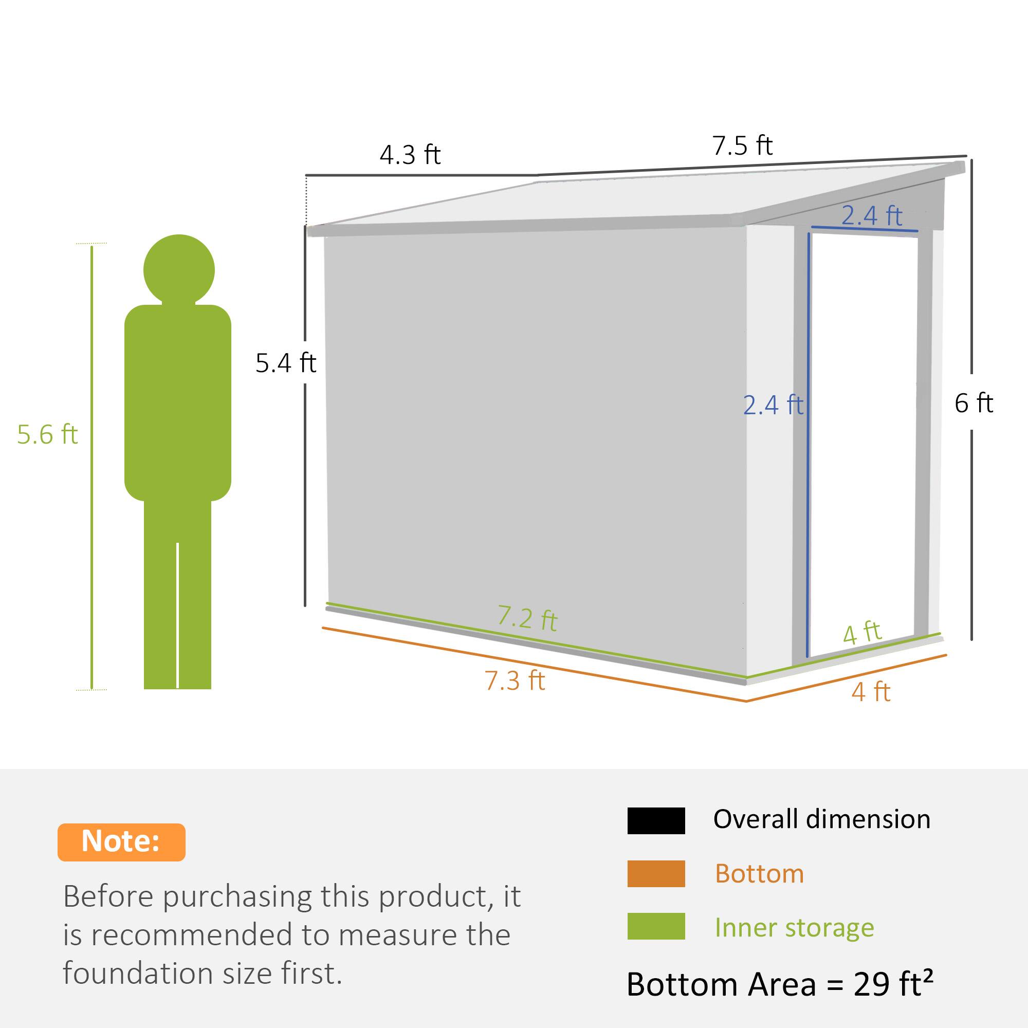 4.3 ft, 7.5 ft, 2.4 ft, 5.6 ft, 5.4 ft, 2.4 ft, 6 ft, 7.2 ft, 7.3 ft, 4 ft, 4 ft

Note: Before purchasing this product, it is recommended to measure the foundation size first.
Overall dimension
Bottom
Inner storage
Bottom Area = 29 ft²