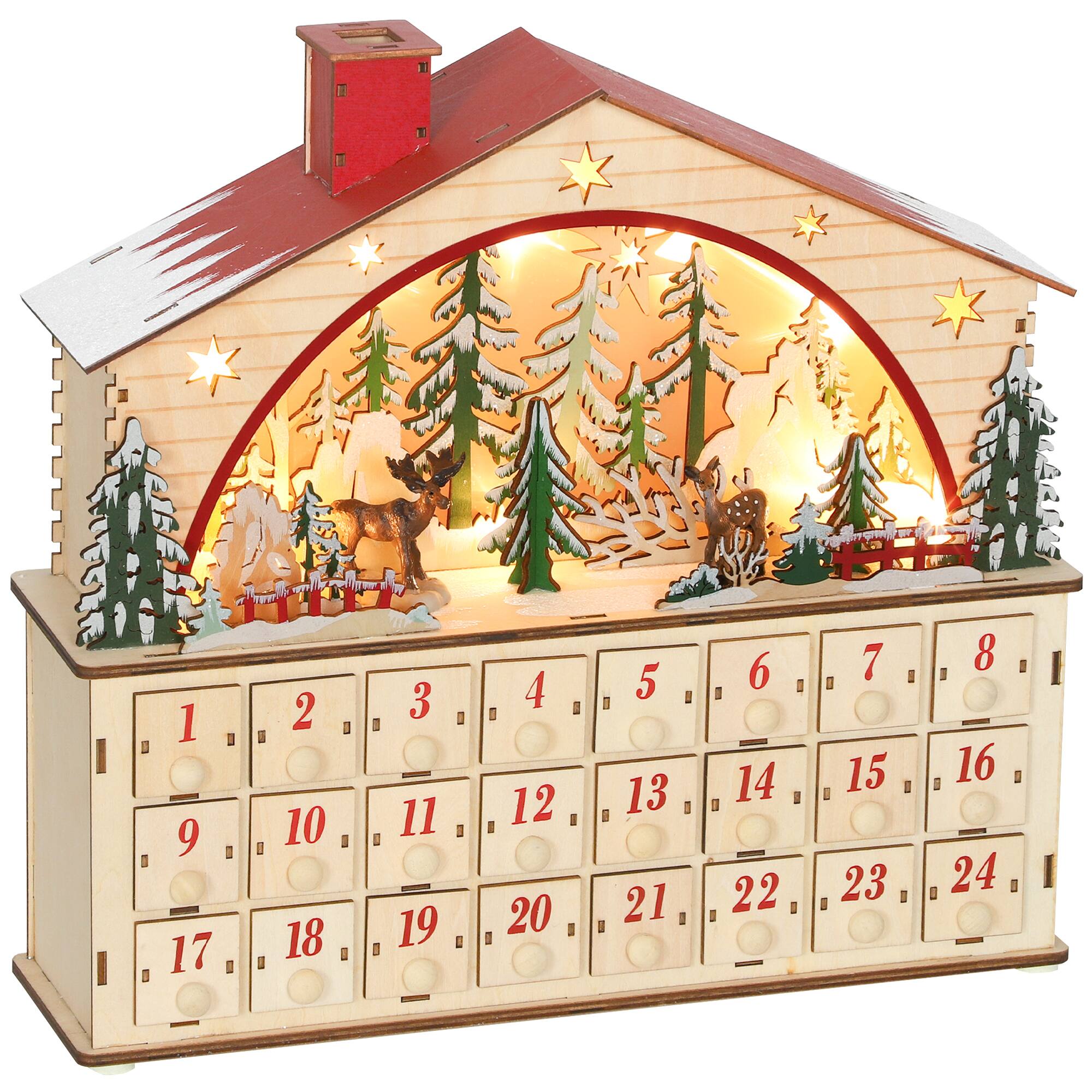 Front. Homcom - Christmas Advent Calendar w/ 24 Drawers, Reusable Lighted Wooden Countdown Calendar - Natural Wood.