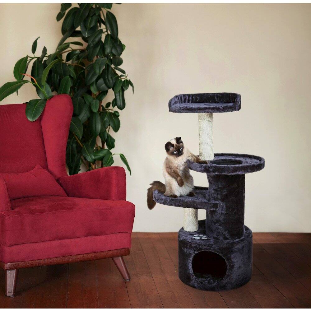 Angle. TRIXIE - Oviedo Plush 3-Level Cat Tree with Sisal Scratching Posts, Condo & Tunnel - Dark Gray.