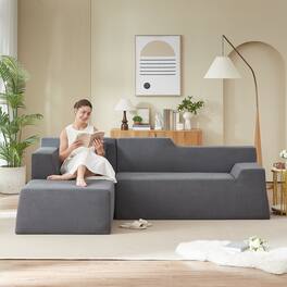 Loheer - L-Shaped Corduroy Sofa Modern Minimalist High Back Sectional Couch for Living Room 96 Inch - Dark Gray