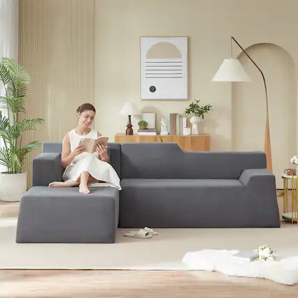 Front. Loheer - Loheer L-Shaped Corduroy Sofa Modern Minimalist High Back Sectional Couch for Living Room 96 Inch - Dark Gray.
