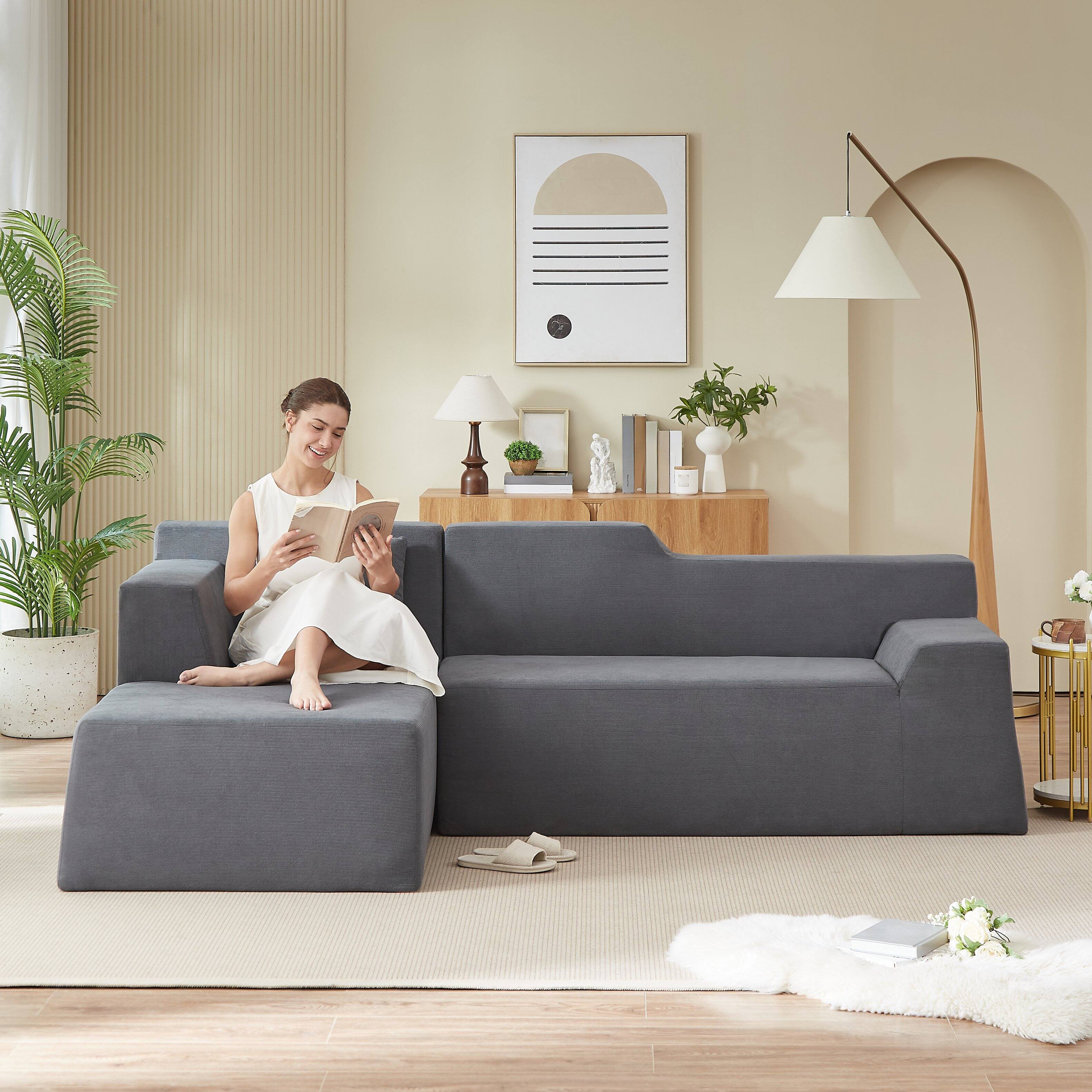 Front. Loheer - Loheer L-Shaped Corduroy Sofa Modern Minimalist High Back Sectional Couch for Living Room 96 Inch - Dark Gray.
