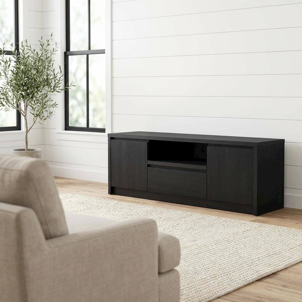 Alt View 1. FurniFact - Black 2-Door TV Stand Media Console with Contemporary Style and Engineered Wood - Black.