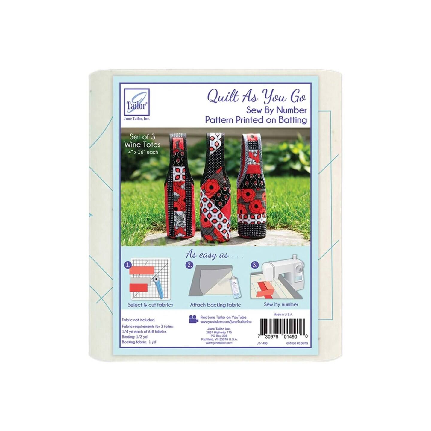 Tailor Jeme Tacer Iec Quilt As You Go Sew By Number Pattern Printed on Batting Set of 3 Wine Totes 4 x16 each 1 As easy as... 2. Select & cut fabrics 3. Attach backing fabric Sew by number Folee - Indluded Fobrc equeements for 1 totes L 7d each of 6-8 nobecs Binding 1/2 by Bocking fabrie - by Wate - USA Find Jue Tolor - YouTube www.youtube.com//uneTolloring Sadoalinc Juna Tao - FMEN rghway 1PS 2 doe -0. i 30976 01490 Rchben - nads S.A a - 8