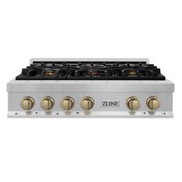 ZLINE - Autograph 36 in. Slide-In Classic Rangetop w/ 6 Burners in Stainless Steel & Champagne Bronze Accents - Stainless Steel