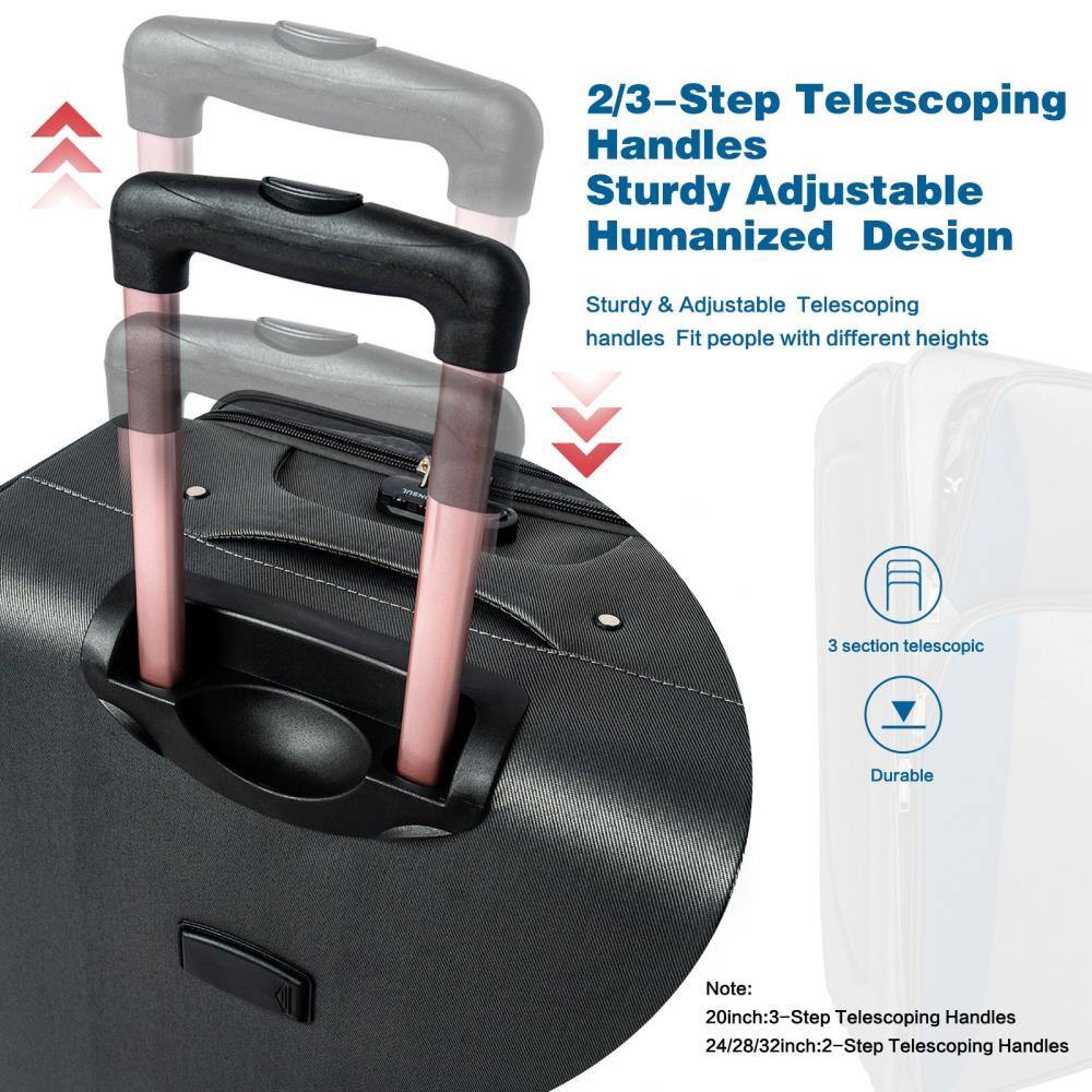 2/3-Step Telescoping Handles  
Sturdy Adjustable Humanized Design  

Sturdy & Adjustable Telescoping handles Fit people with different heights  

3 section telescopic  
Durable  

Note:  
20inch: 3-Step Telescoping Handles  
24/28/32inch: 2-Step Telescoping Handles