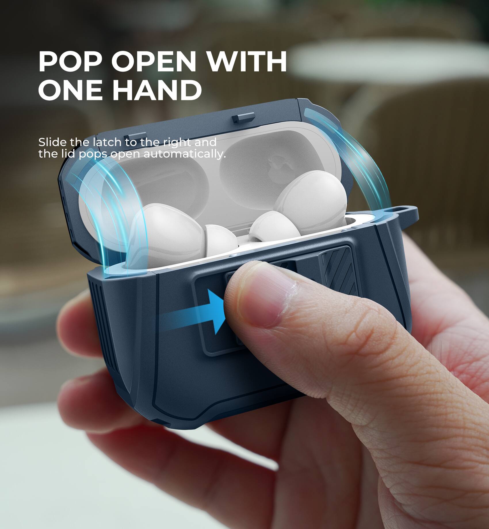 POP OPEN WITH ONE HAND

Slide the latch to the right and the lid pops open automatically.
