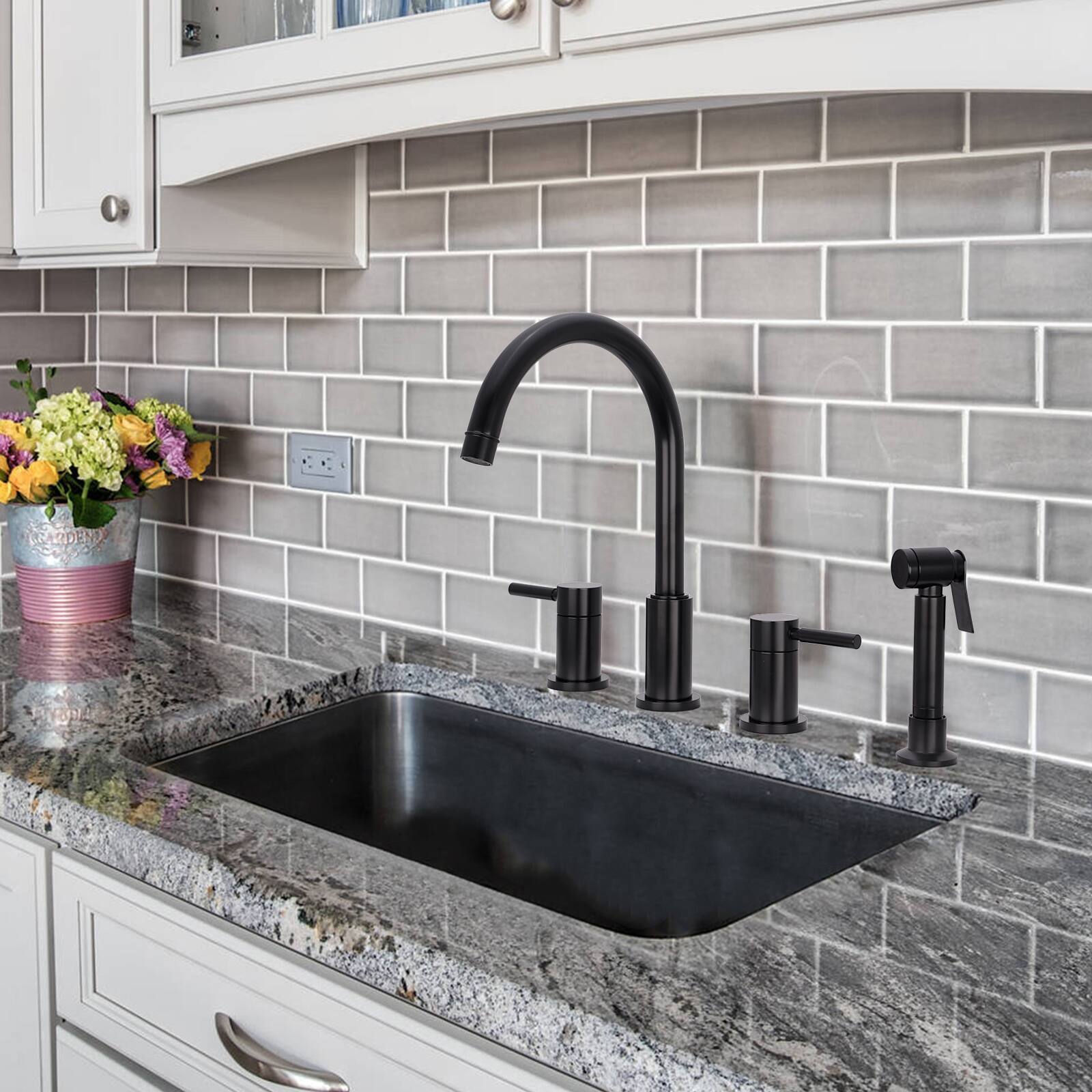 Alt View 5. Akicon - Akicon Solid Brass Double-Handle 360° Swivel Widespread Kitchen Faucet with Side Sprayer in Matte Black - Matte Black.