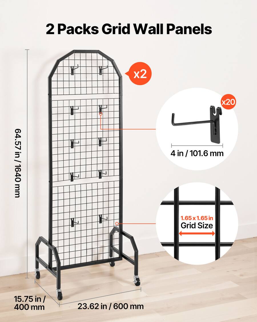 VEVOR 2 Packs Grid Wall Panels,1.9 x 5.4 ft Wire Grid Panels Display ...