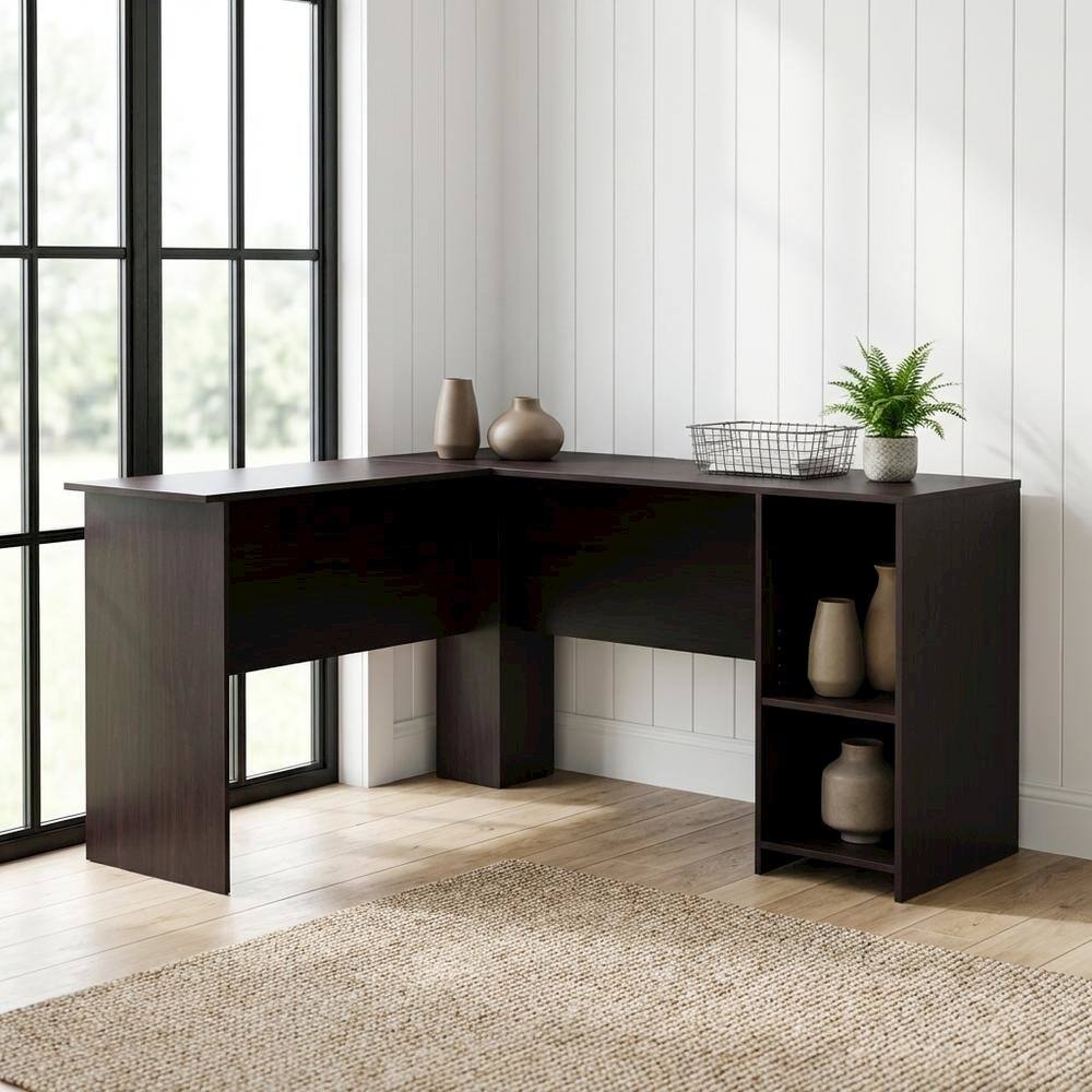 Angle. BisonOffice - L-Shaped Desk, Bookshelves in Espresso Finish, Space-Saving Computer Workstation - Espresso.