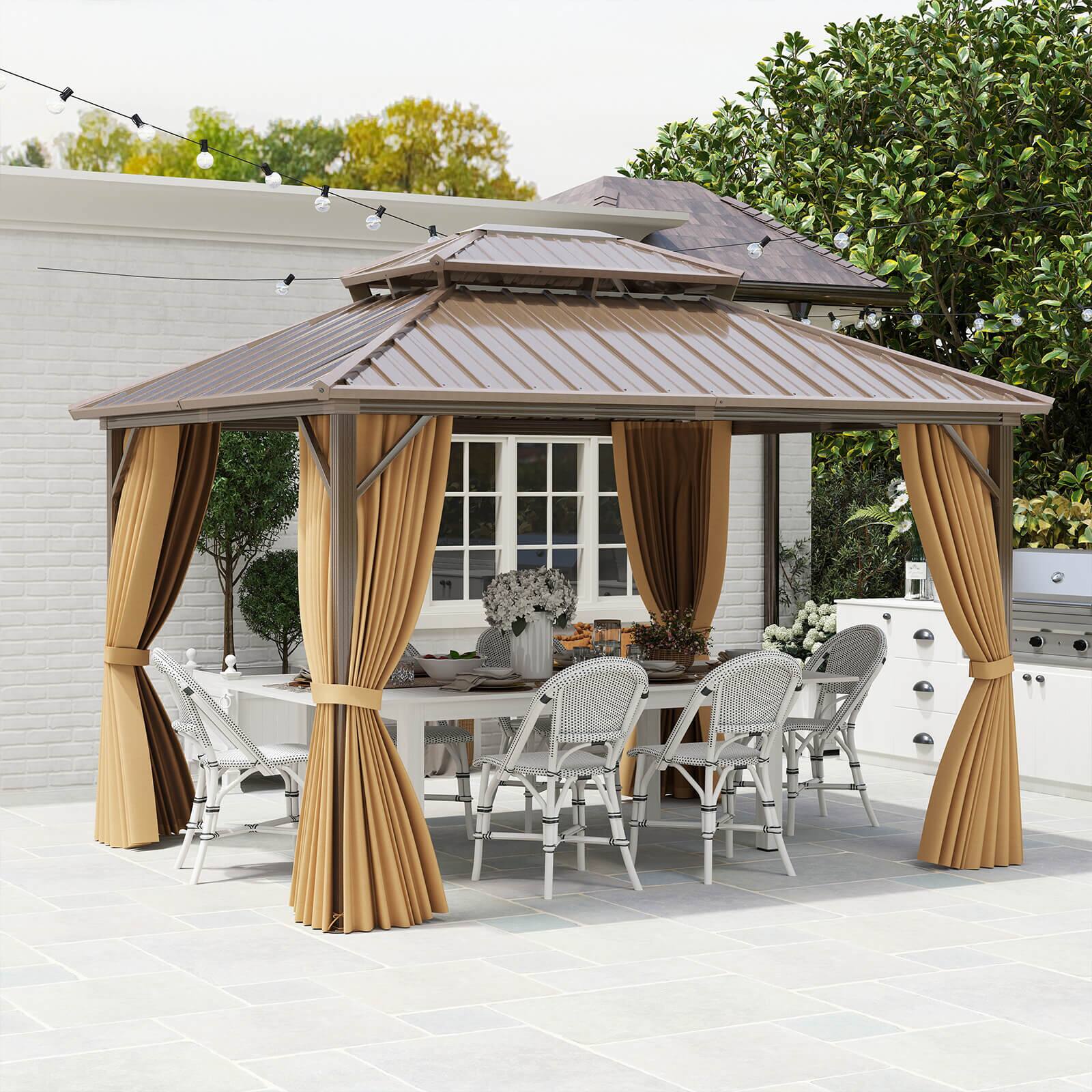 Alt View 1. Costway - Costway 12 X 10 FT Hardtop Gazebo with  Netting Heavy-Duty Double-Roof Galvanized Metal Top - Coffee.