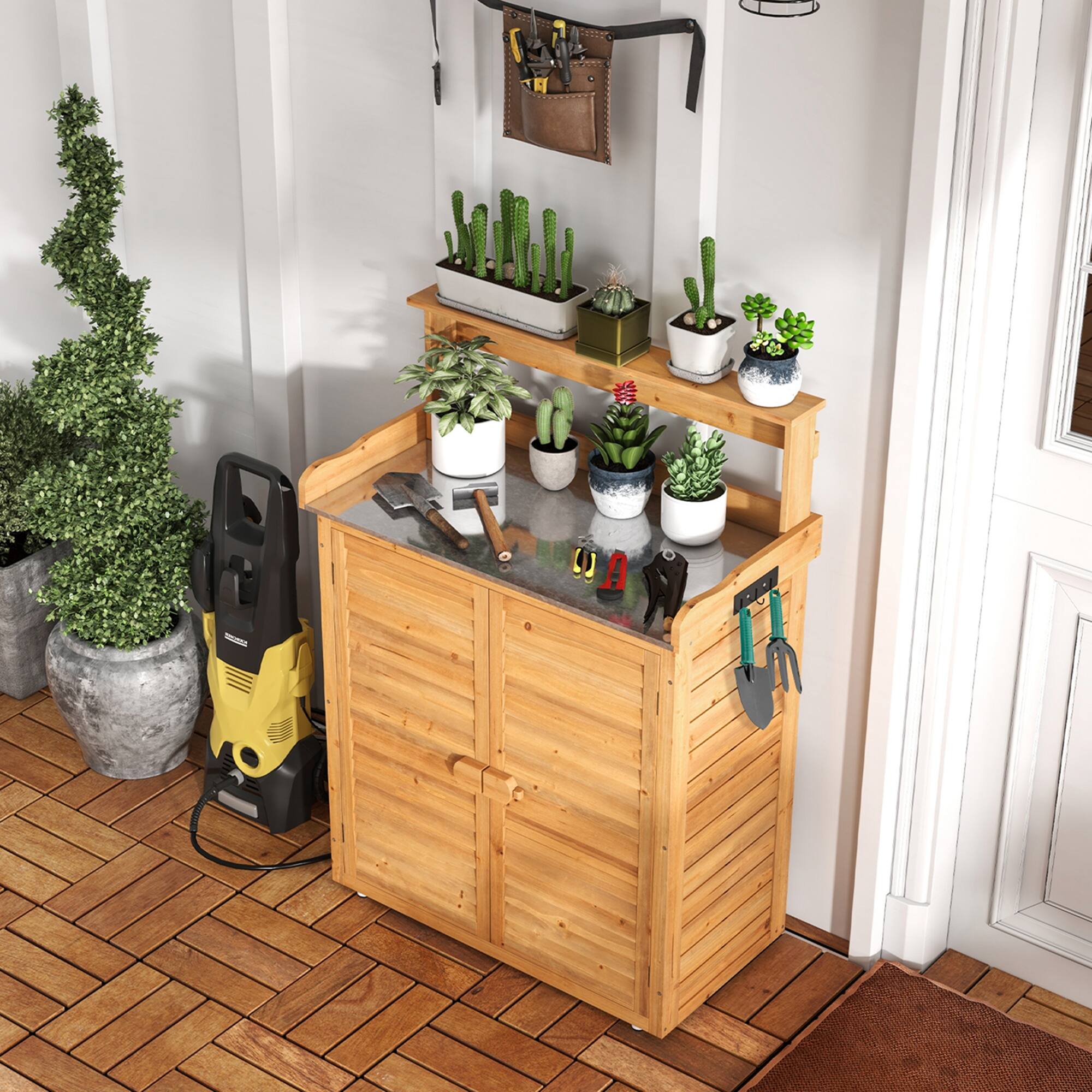 Alt View 3. Costway - Costway Outdoor Potting Bench with Galvanized Metal Countertop 3 Hanging Hooks Natural - Brown.