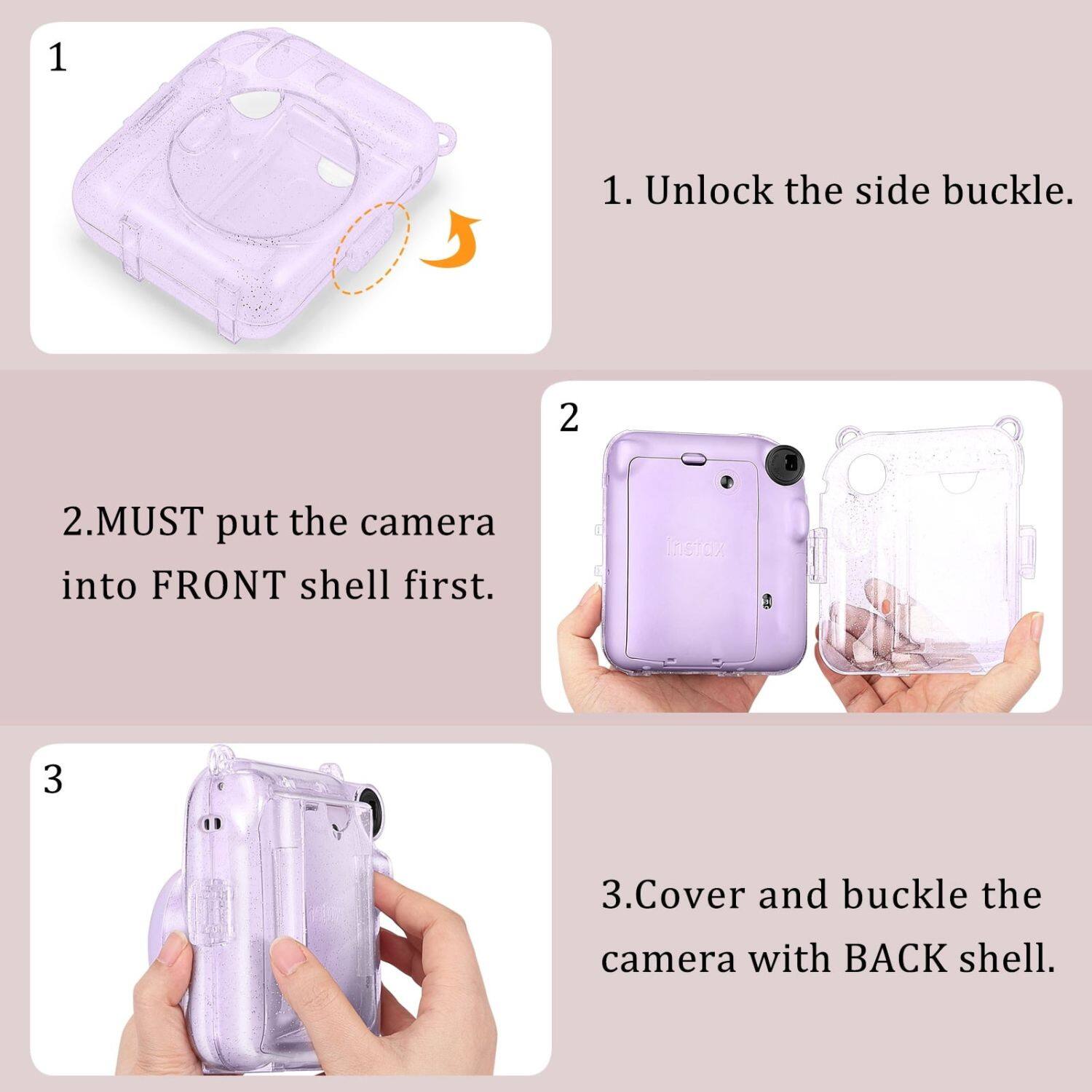 1. Unlock the side buckle.

2. MUST put the camera into FRONT shell first.

3. Cover and buckle the camera with BACK shell.