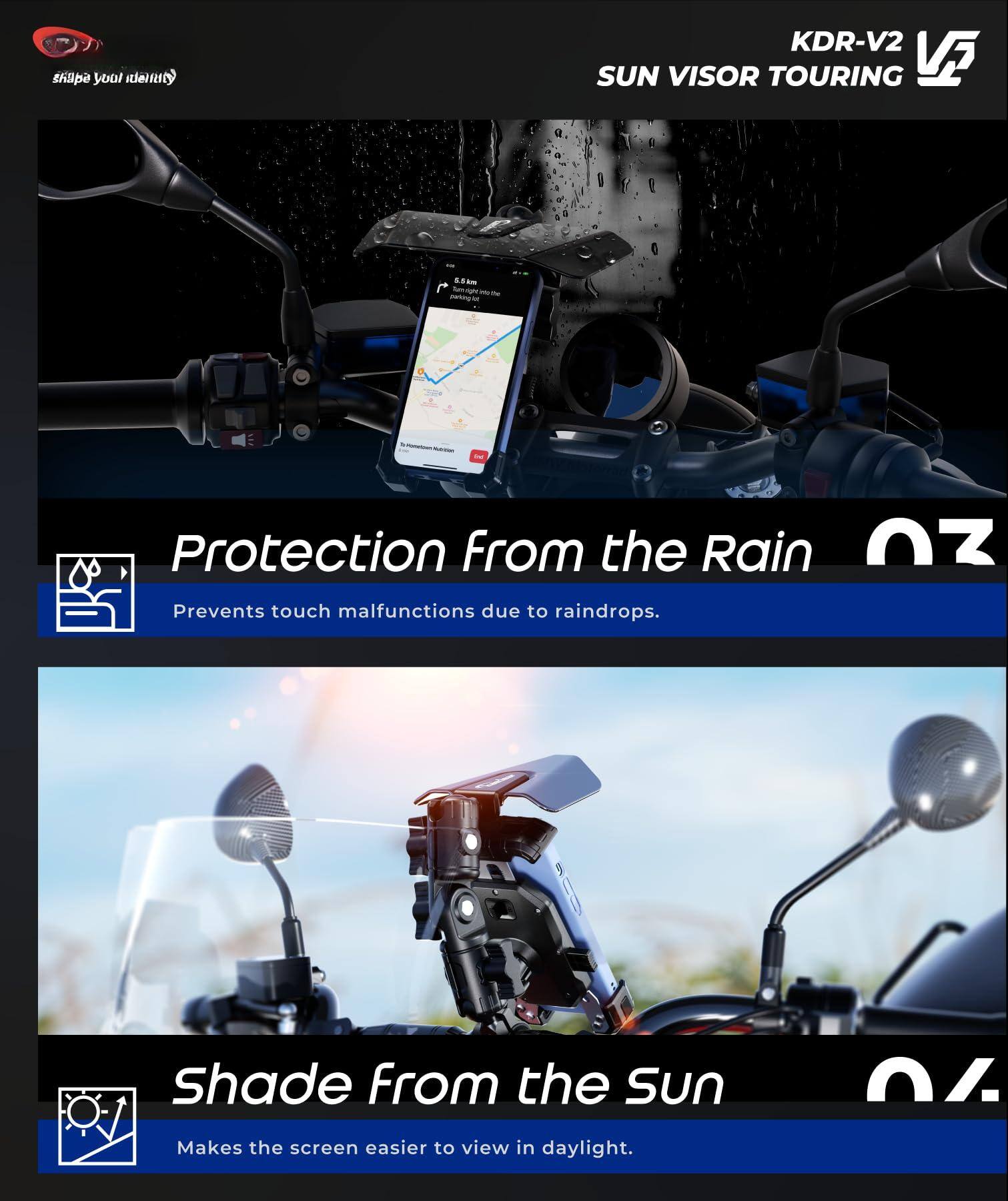 Sure, here is the corrected and grouped text from the image:

---

**KDR-V2**  
**SUN VISOR TOURING**

---

**Protection From the Rain**  
Prevents touch malfunctions due to raindrops.

---

**Shade From the Sun**  
Makes the screen easier to view in daylight.

---
