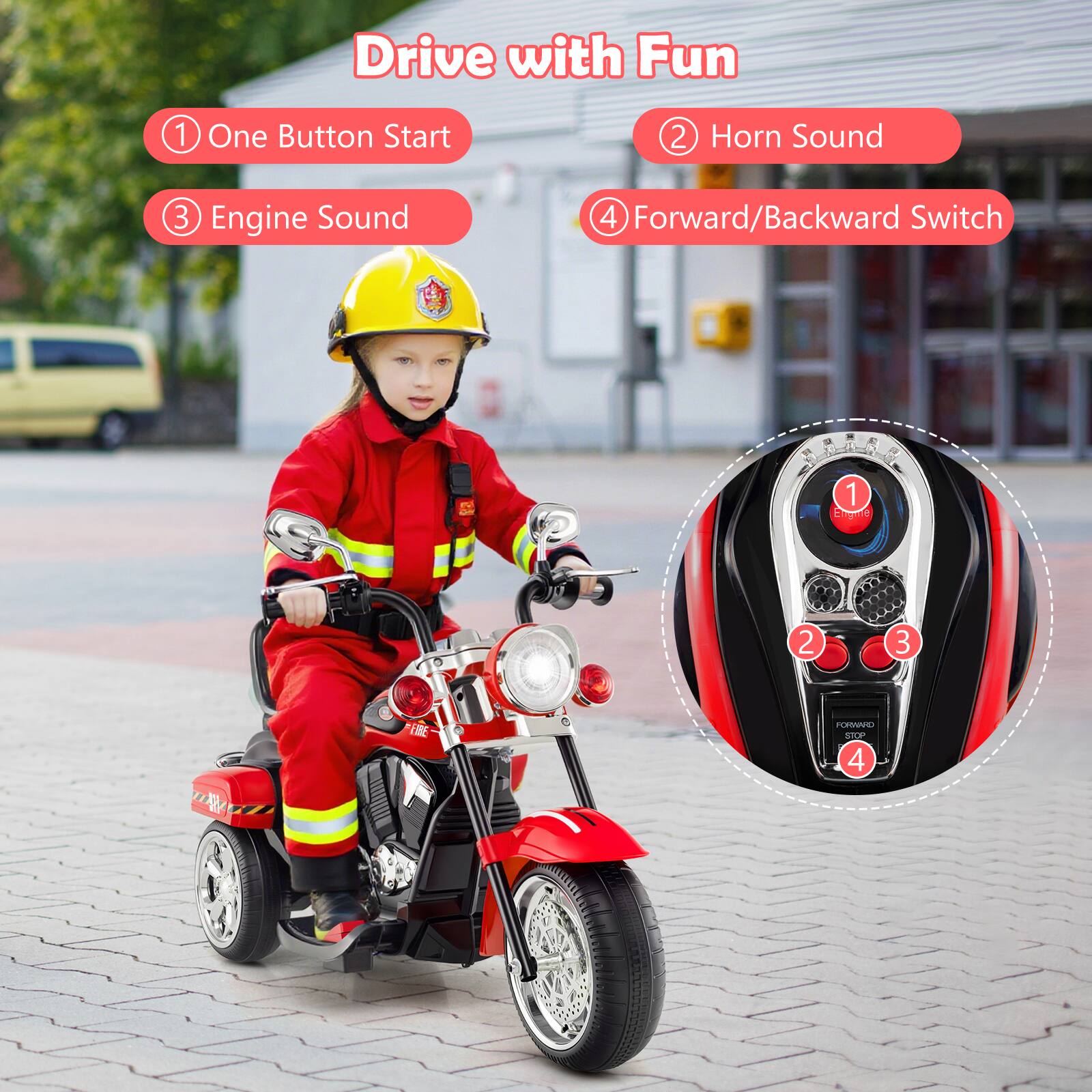 Drive with Fun

1. One Button Start
2. Horn Sound
3. Engine Sound
4. Forward/Backward Switch